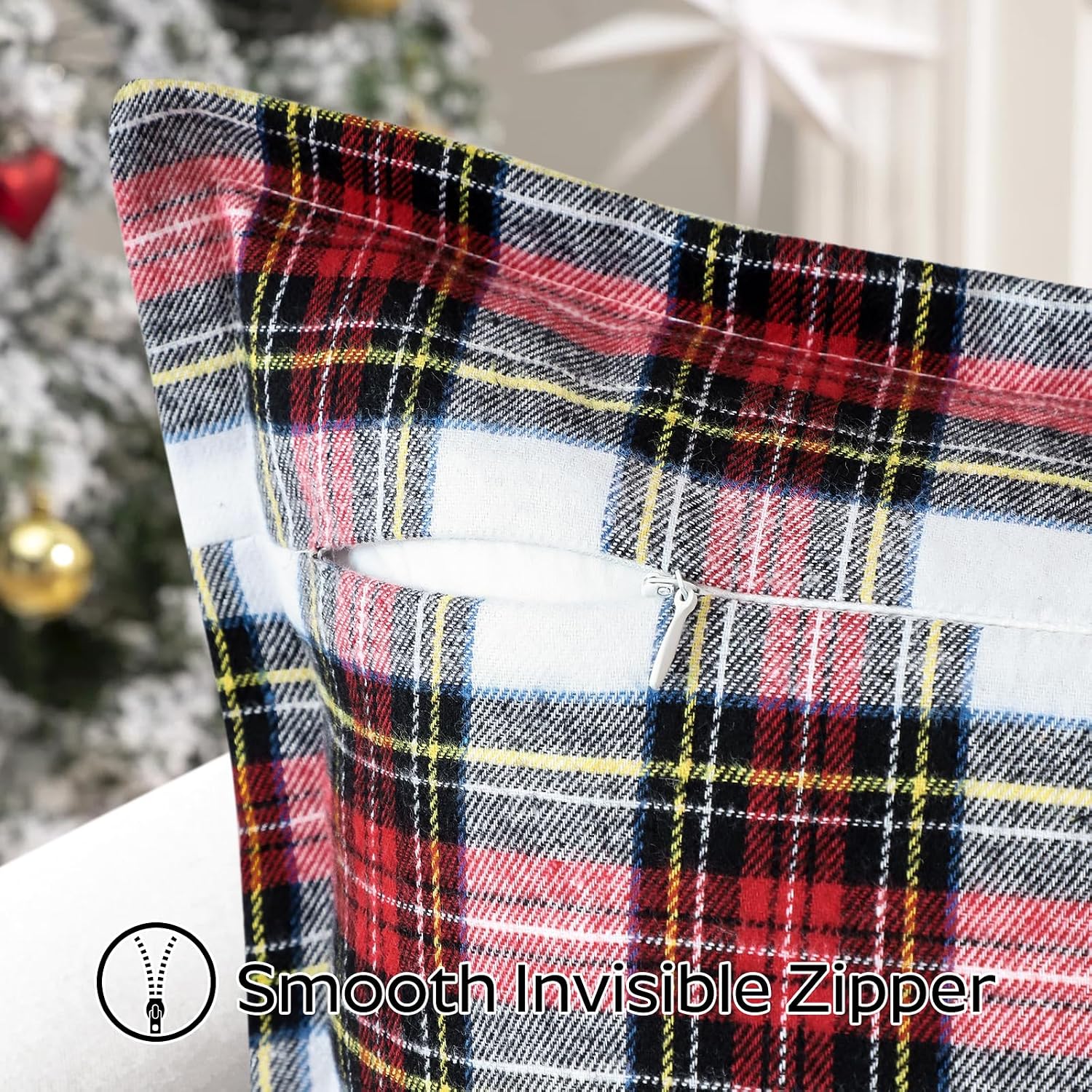 OTOSTAR Pack of 2 Christmas Scottish Plaid Throw Pillow Covers Decorative Check Tartan Square Pillow Covers with Stitched Edge for Sofa Couch Bed Farmhouse Home Decor 16x16 Inches, White