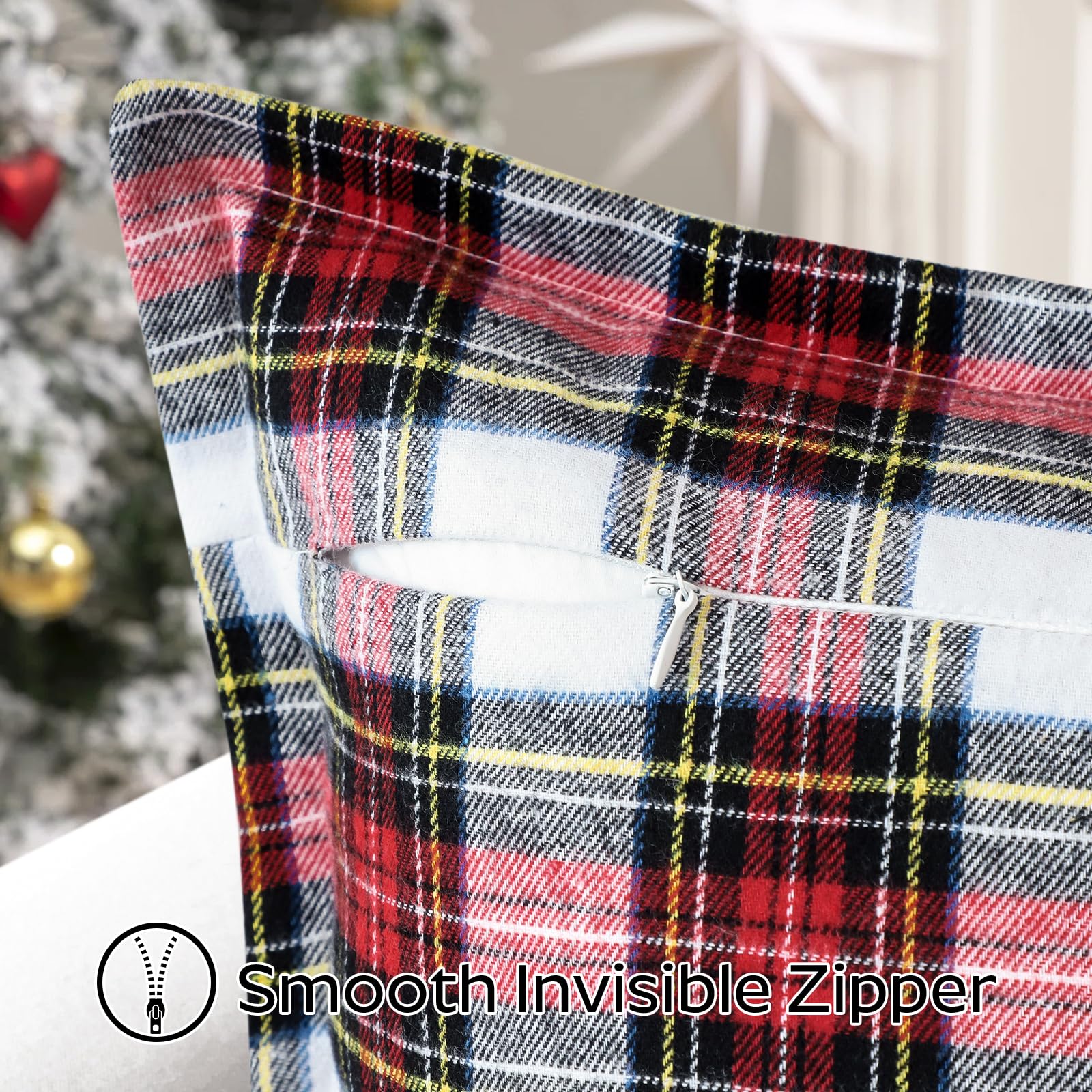 Sungeek Christmas Scottish Tartan Cushion Covers 60 x 60 Set of 2 Linen Decorative Check Plaid Square Pillow Covers with Stitched Edge for Sofa Couch Bed Living Room 24x24 Inch (White) - Image 3