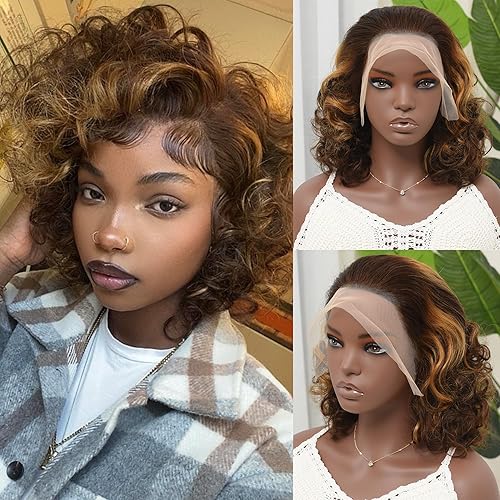 mogge Peluca de cabello humano rubio miel con encaje frontal de 13 x 4 HD, densidad del 210 %, rizo suelto 427 con reflejos degradados, pelucas de