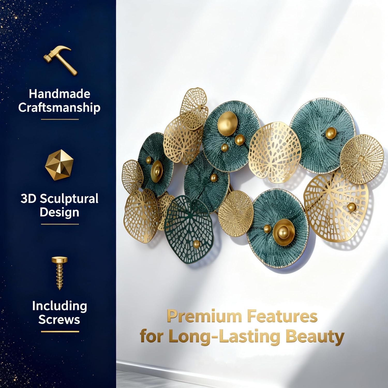 Large Modern Metal Wall Art, 3D Wall Sculpture Blue and Gold Wall Decor for Living Room, Large Coastal Nautical Wall Hanging for Bedroom Dining Room Entryway, Gift for Housewarming Wedding，50"L x 26"W