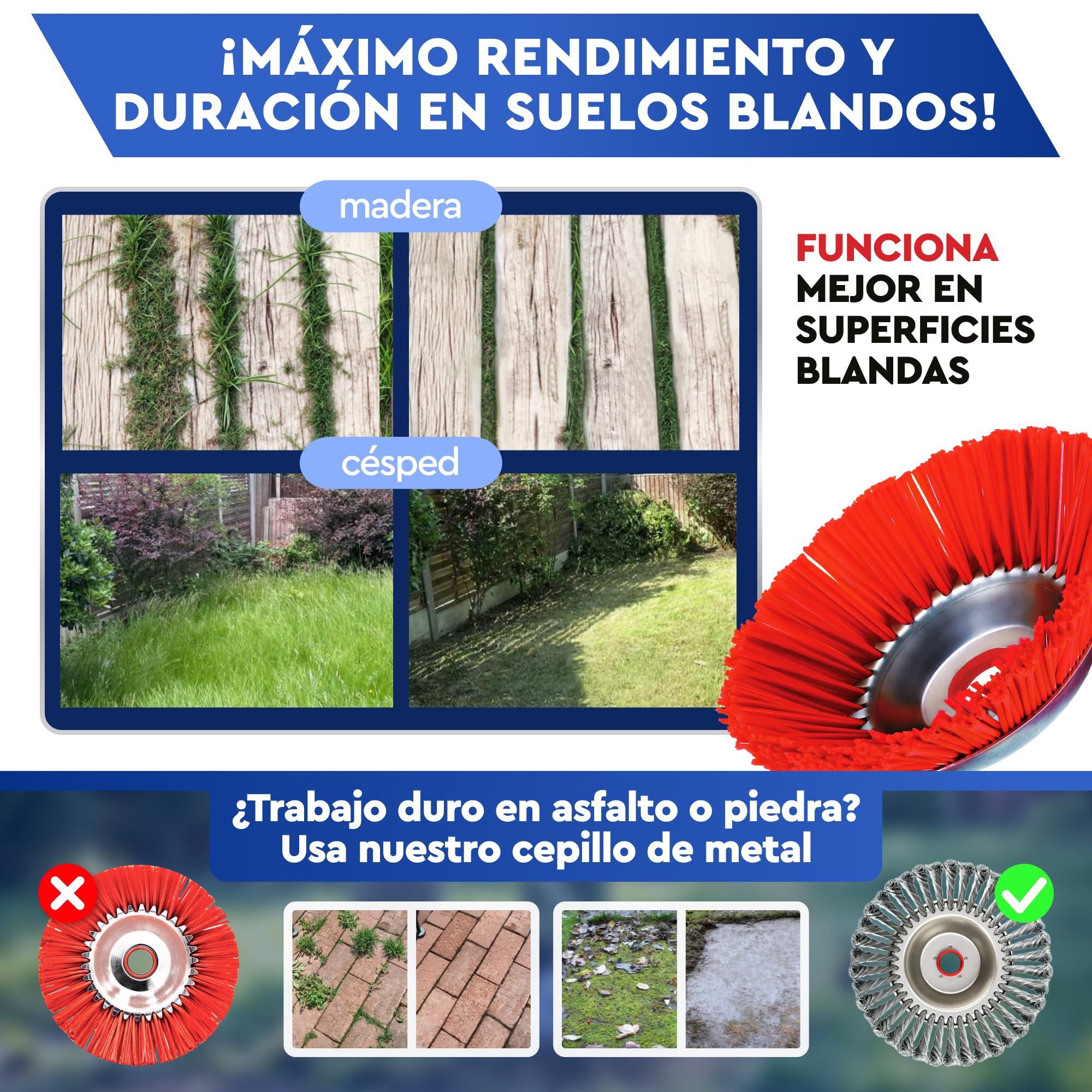 Cepillo de nailon para desbrozadora: cepillo suave para desbrozadora, suave para eliminar el musgo y las malas hierbas en superficies delicadas