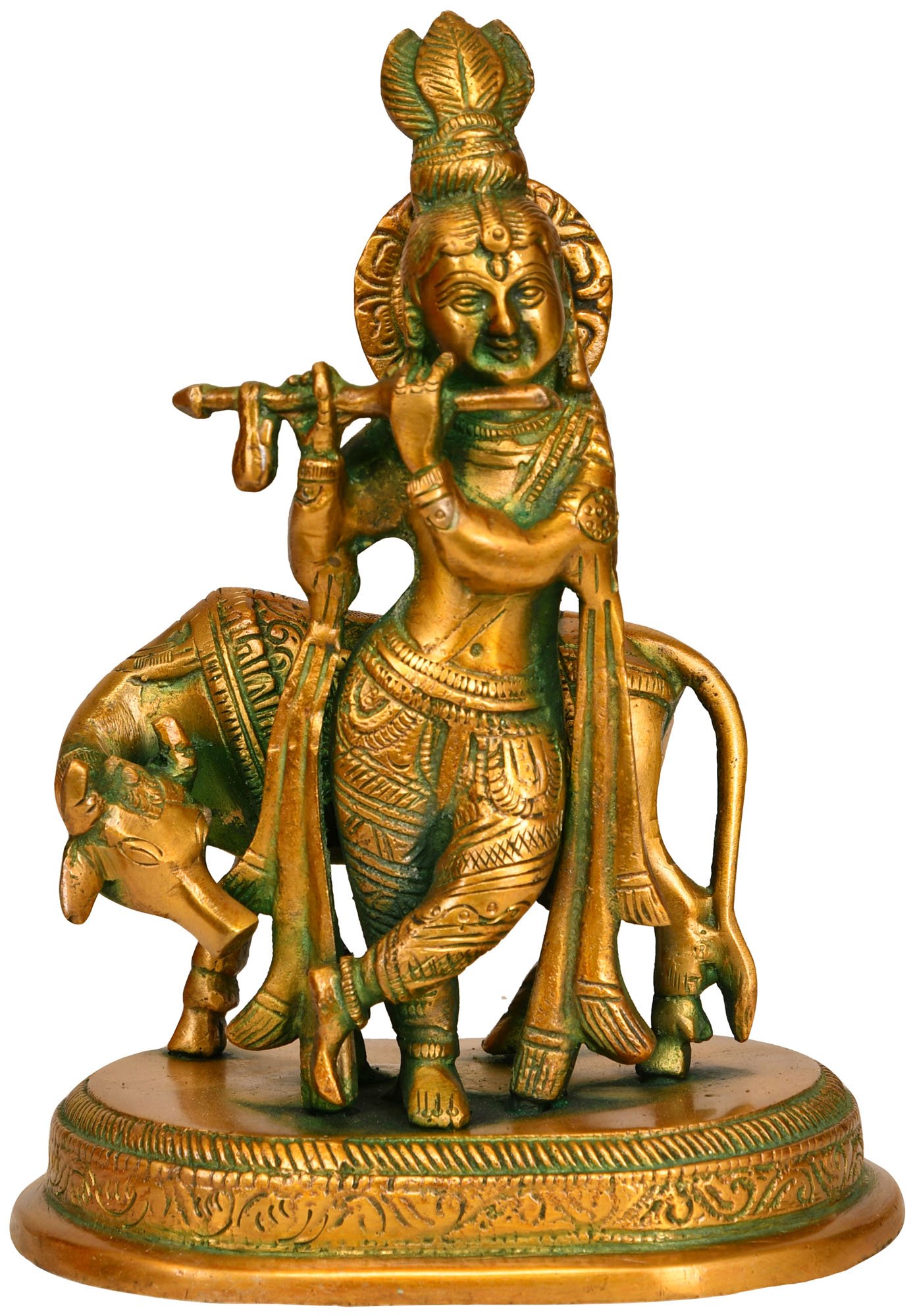 Exotic India Krishna with Cow - Brass Statue