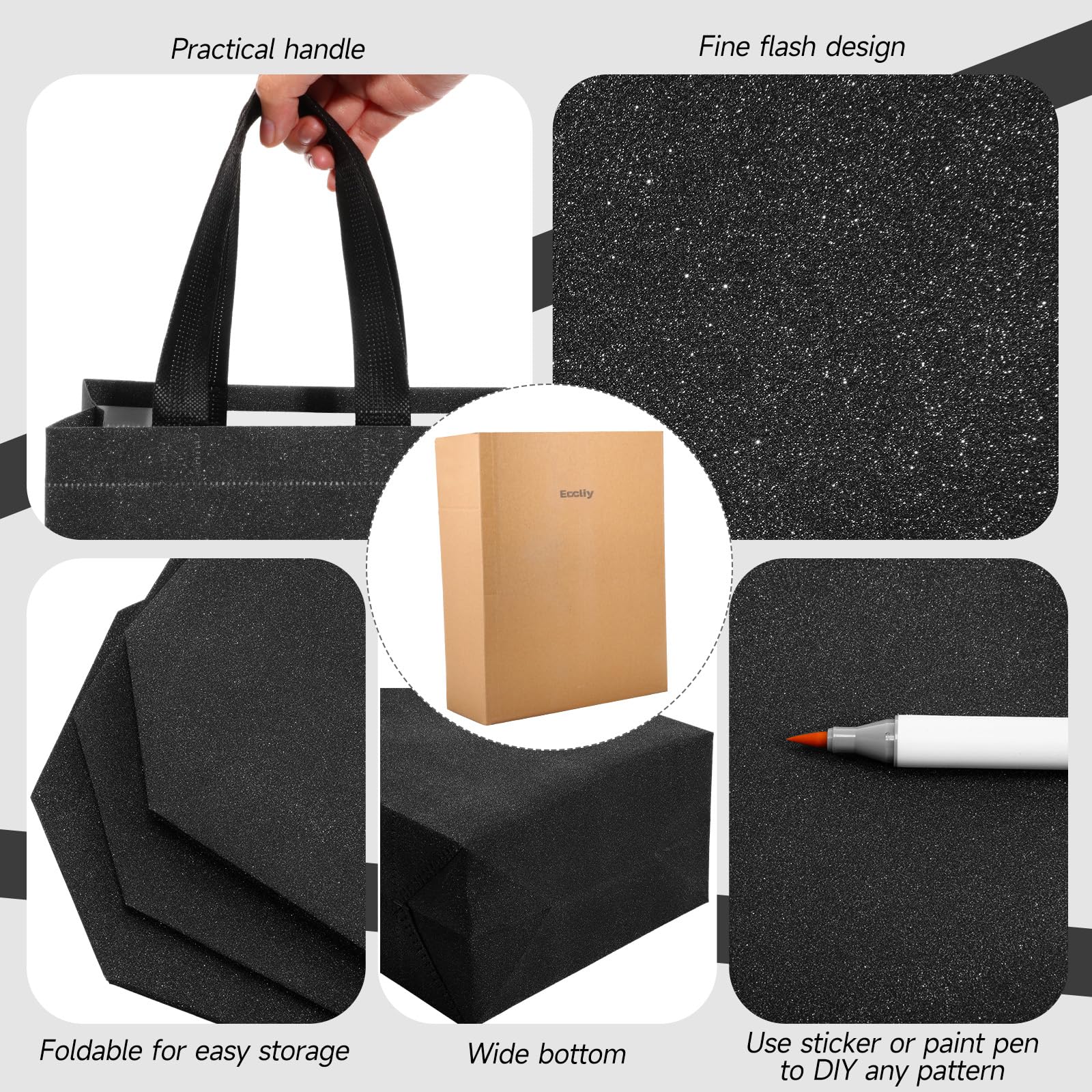 Eccliy 80 Pieces Gift Bags Set Glossy Reusable Tote Bags with Handles Grocery Bags for Wedding, Bachelorette Party, Christmas (Black,Medium)