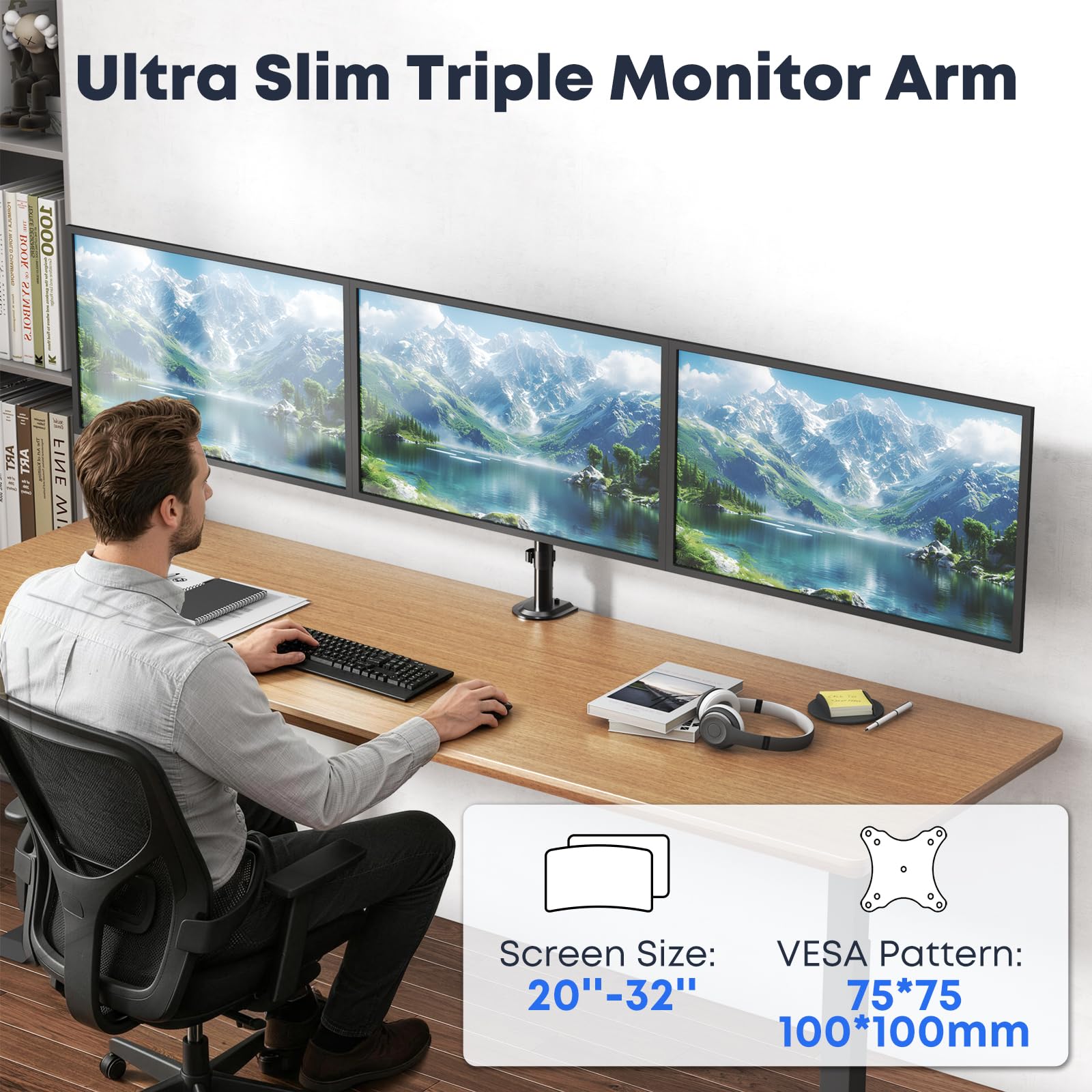 Support triple pour écrans de 20 à 32", bras coulissant VESA réglable pour 3 moniteurs, 9 kg par bras, base à pince et œillets, VESA 75/100 mm