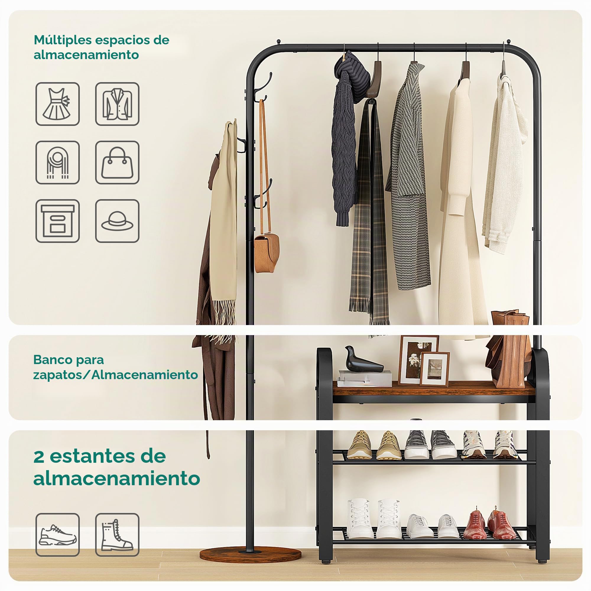 YITAHOME Perchero con zapatero, Perchero industrial con banco para zapatos, Perchero de pie con 3 ganchos, Perchero para ropa, Riel para ropa, Colgador, para sala de estar, pasillo, vestíbulo