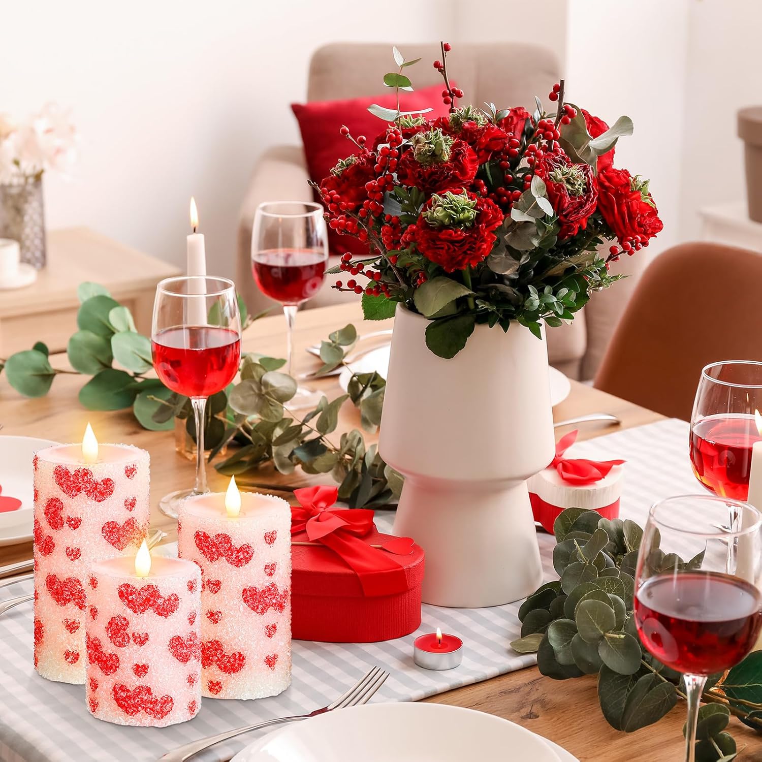 Baquler 3 Pcs Valentines Flameless LED Pillar Candles, Battery Operated Red Heart Candles, Romantic Valentine Decorations for Home Table Centerpiece and Bedroom Decorations