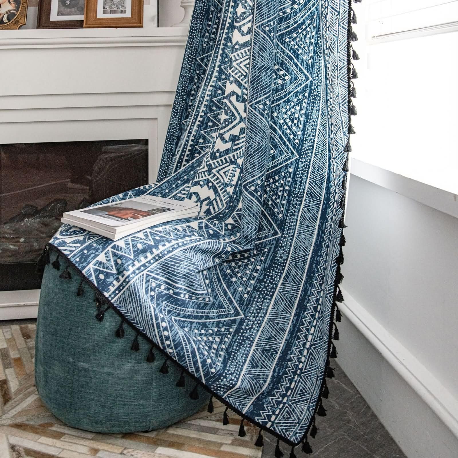 Lot 2 Rideaux Panneau Rideau Voilage 2 x 150W x 180H CM,Rideaux Panneaux Voilage Bleu Motif Géométrique Rideau a Oeillet