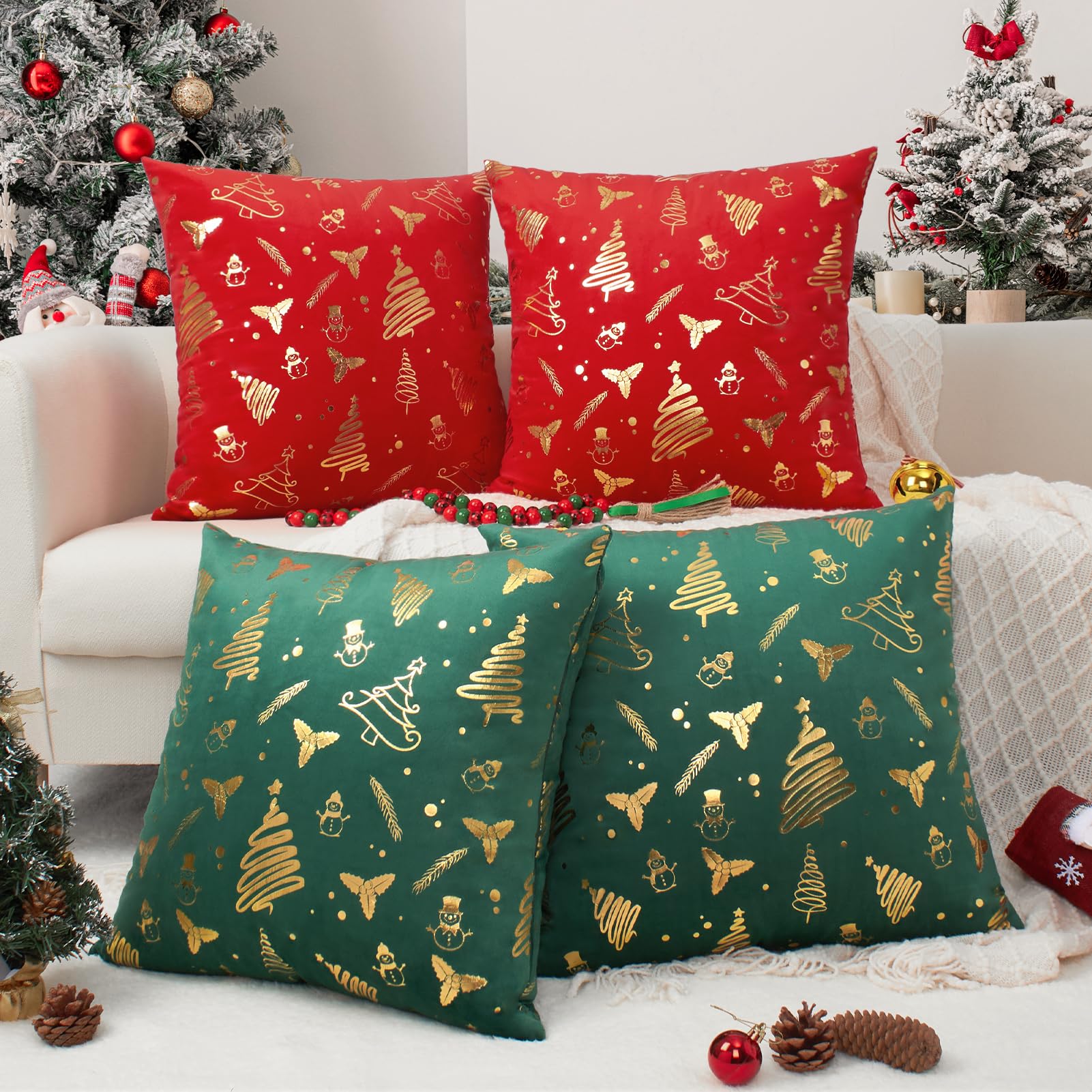 Softalker Juego de 4 fundas de cojín de 50 x 50 cm, diseño de Navidad, color rojo, verde, dorado, terciopelo, diseño de árbol de Navidad, muñeco de nieve, decoración para sofá, cojín de sofá,