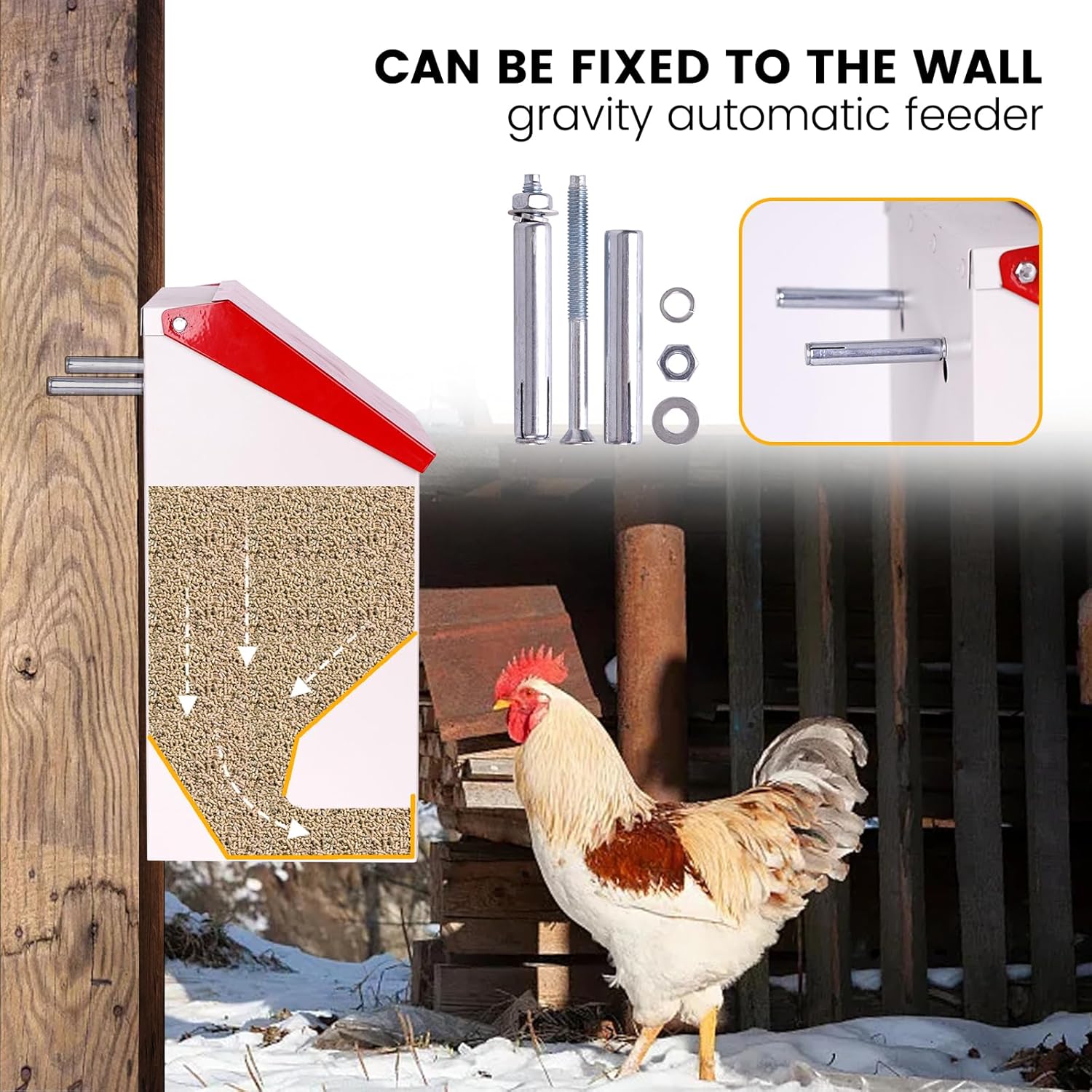 Galvanized Wall Mount Chicken Feeder No Waste Hanging Chicken Feeder with Lid Weatherproof Metal Automatic Poultry Feeder Trough Food Dispenser for Outside Coop (10 lbs)