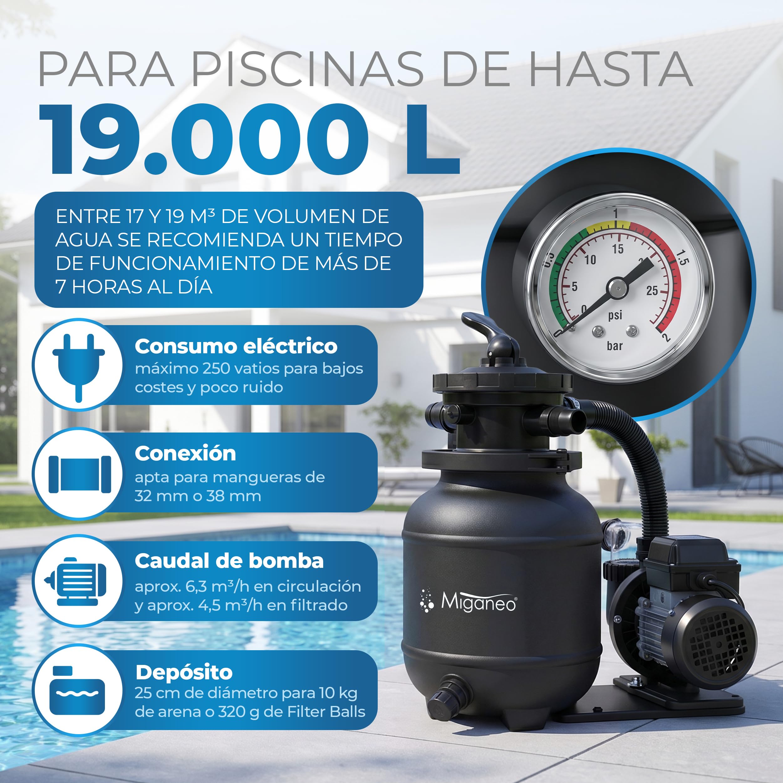 Miganeo® Speed Clean 7000 filtro de arena con temporizador para piscinas de hasta 22 m³ autoaspirante (Negro, Azul, Plata), negro