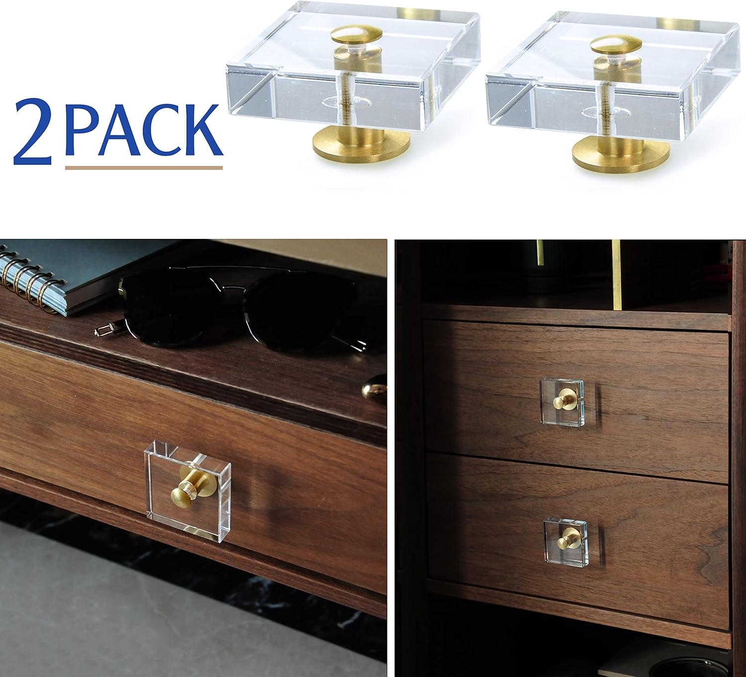 JEREVER 2 Pack Acrylic Knobs Large Size Crystal Brass Drawer Pull Clear Cabinet Handle Furniture Hardware for Wardrobe Dresser Kitchen (Square)