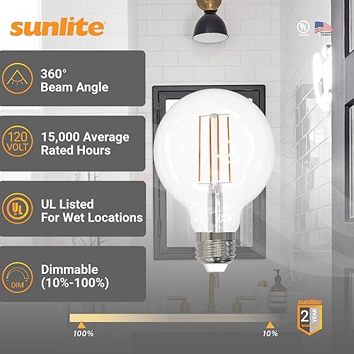Miniatura 3 de Sunlite Bombillas LED G25 de 8.5 W, equivalente a 100 W, ámbar de 2200 K, filamento largo, bombillas LED vintage, bombillas de globo LED para