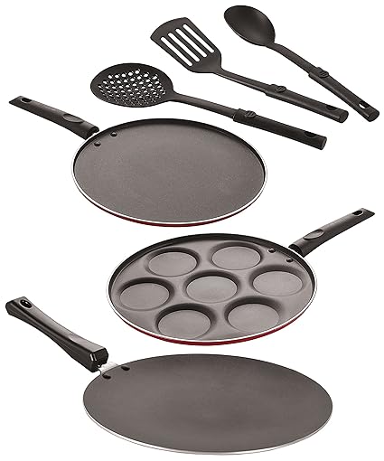 Nirlon Aluminium Nonstick Coated 6 Pcs Set of Concave Tawa-27.5cm,Uttapam-7 Cavity,Smart Tawa-26.5cm & 3 Spoon (2.6mm_CT11_UP7_ST11_3SPN)