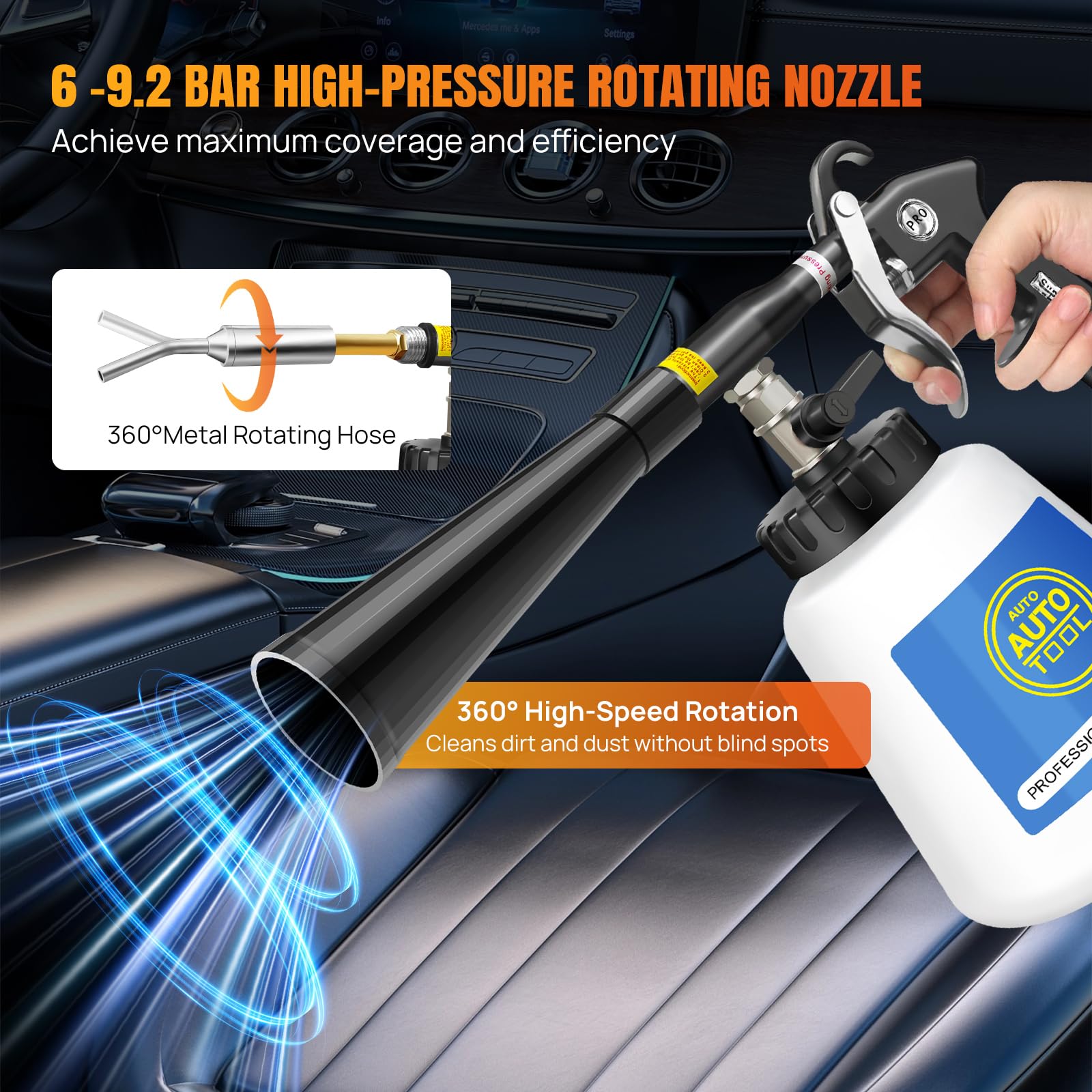 Pistola per pulizia ad aria compressa, tubo di scarico in metallo, efficace pistola ad aria compressa con serbatoio dell'acqua da 1 litro e 2 ugelli per auto, officine e famiglie, pulizia