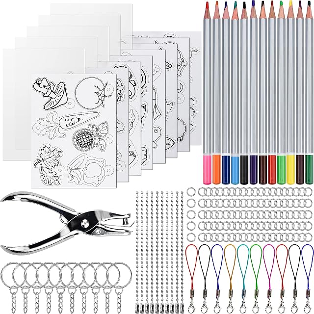 Wandefol 156pcs Heat Shrink Plastic Sheet Kit, Shrinky Art Paper for DIY Craft, 5 pcs Blank Shrink Paper, 8 pcs Shrink Paper with Pattern, 12 Color Pencil, Hole Punch, 130 pcs Keychains Accessories