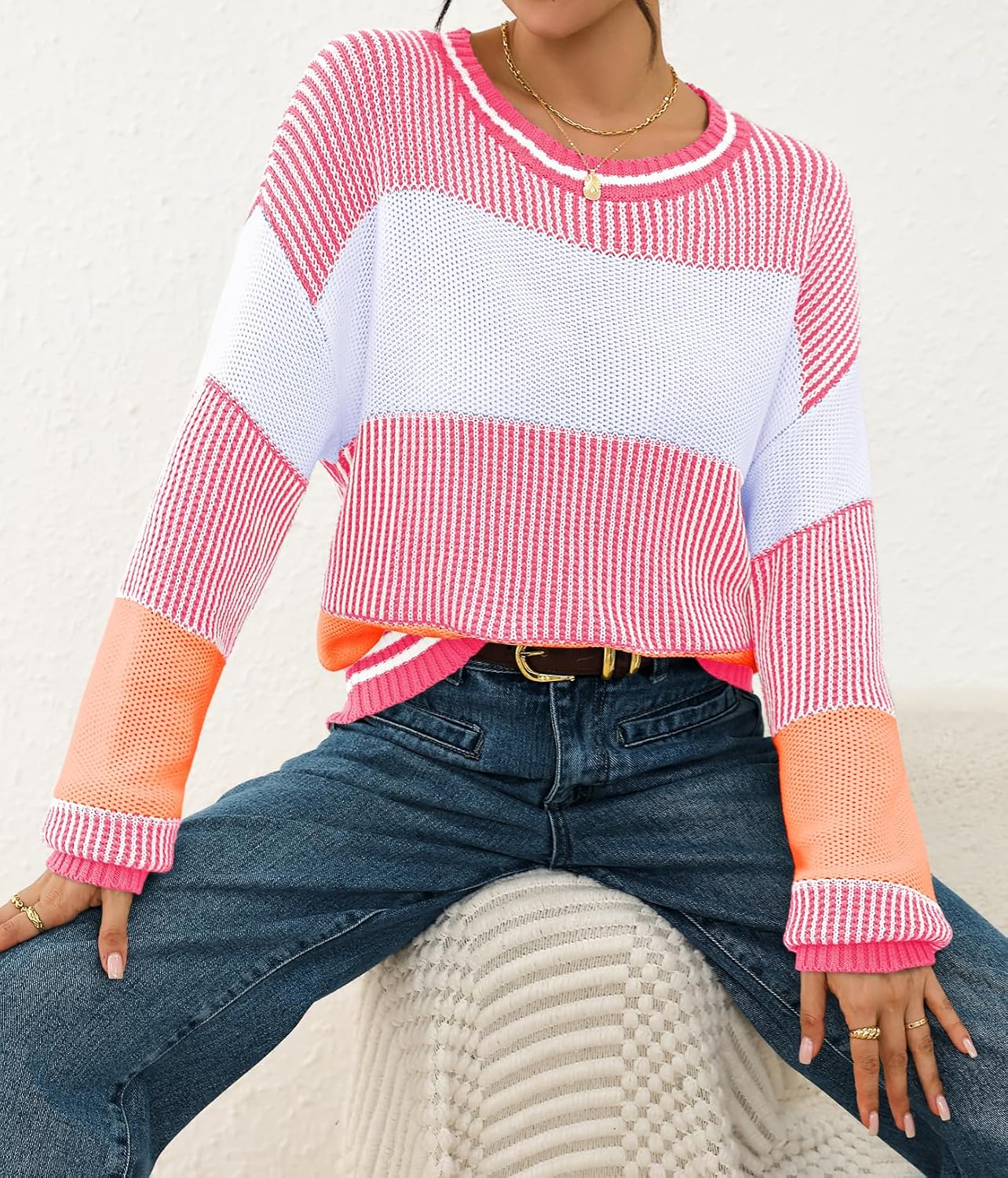 Viottiset Women's 2025 Fall Fashion Crew Neck Long Sleeve Striped Color Block Knit Loose Pullover Sweater Tops - Image 6