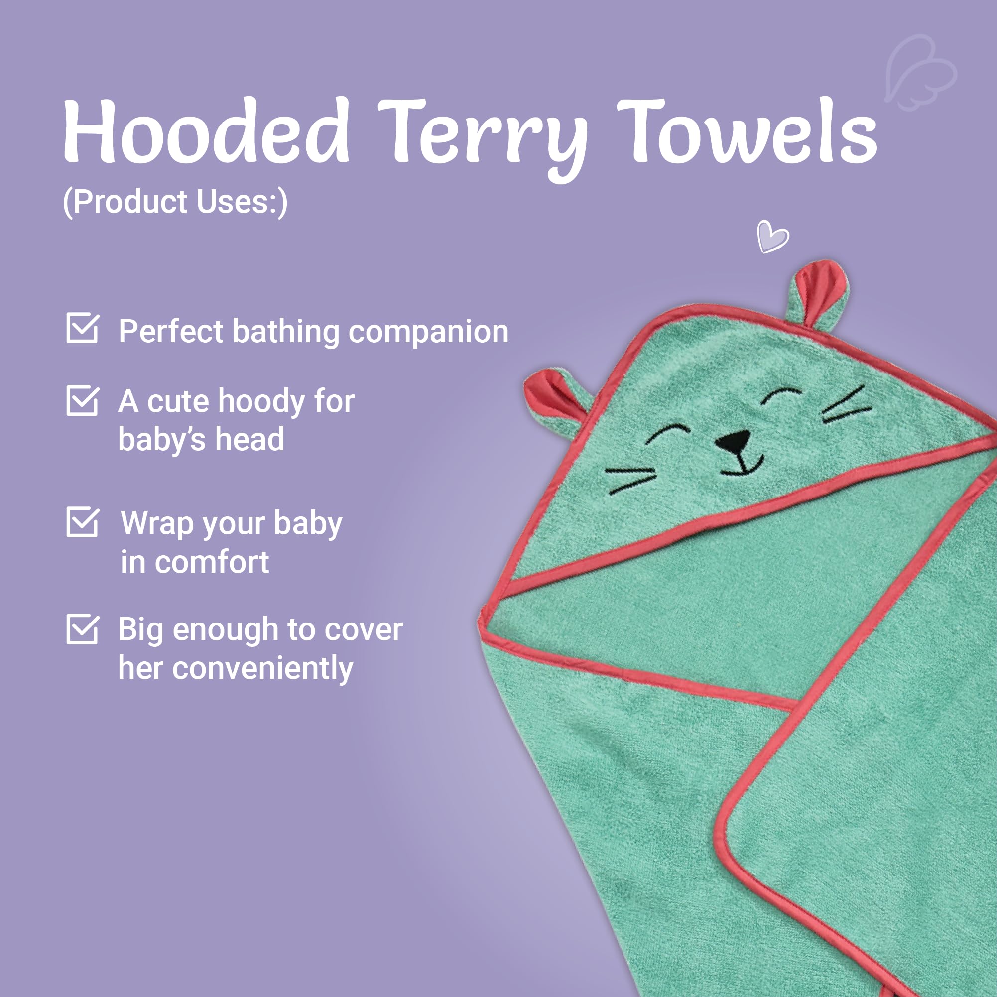 Kridlo 100% Cotton Terry Baby Hooded Towel for Newborn, Super Soft & Absorbent GSM-550 Bath Towel, 70x70cm, 0-2 Years (Pack of 1, Minty Green Cat) 4