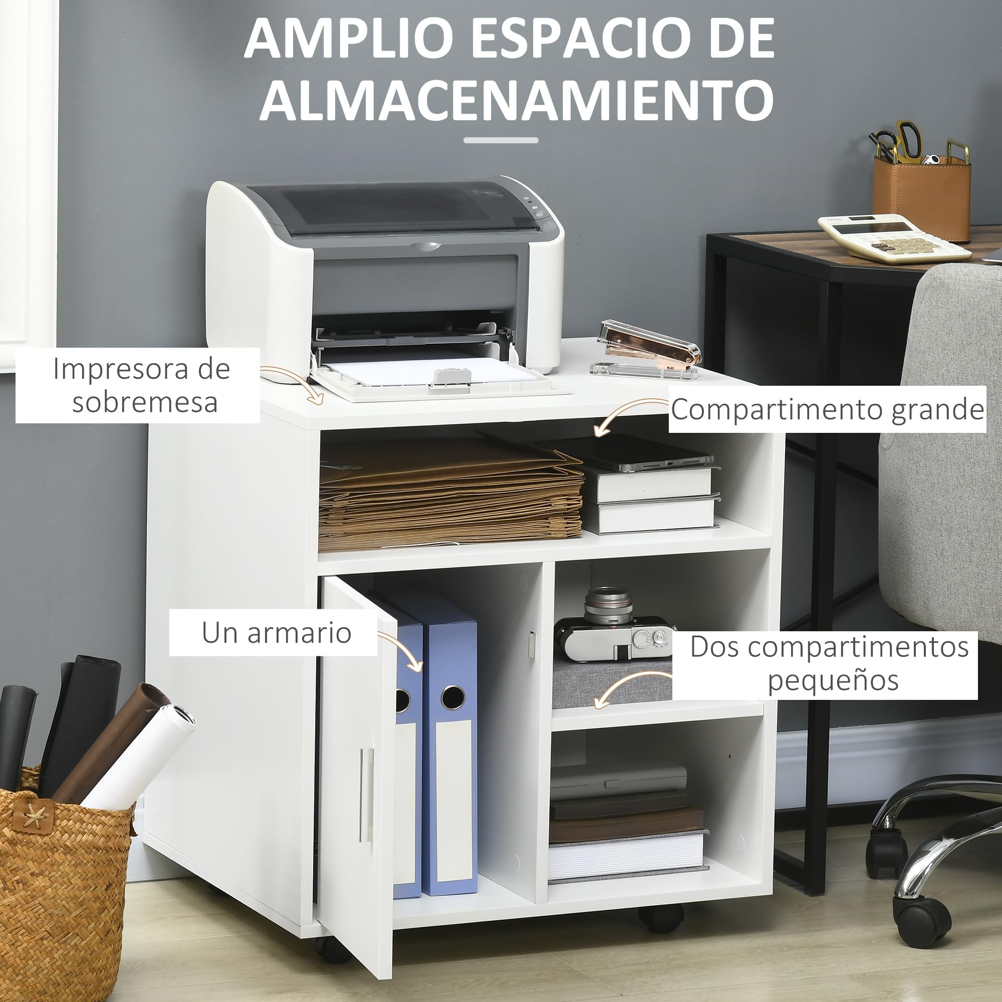 HOMCOM Mueble con Ruedas para Impresora Armario de Oficina Multifuncional con Estantes con Amplio Espacio de Almacenaje 60x50x65,5 cm Blanco