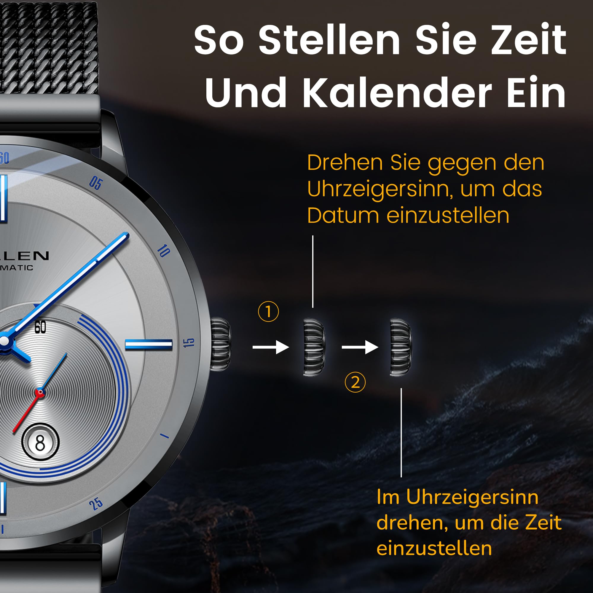 SOLLEN Klassische Herrenuhren Automatik,Automatische Herrenuhren mit Originales Mechanisches Uhrwerk,Automatikuhren Herren mit Kalendar & Sekundenzeiger,Leuchtend Armbanduhren als Geschenk für Männer