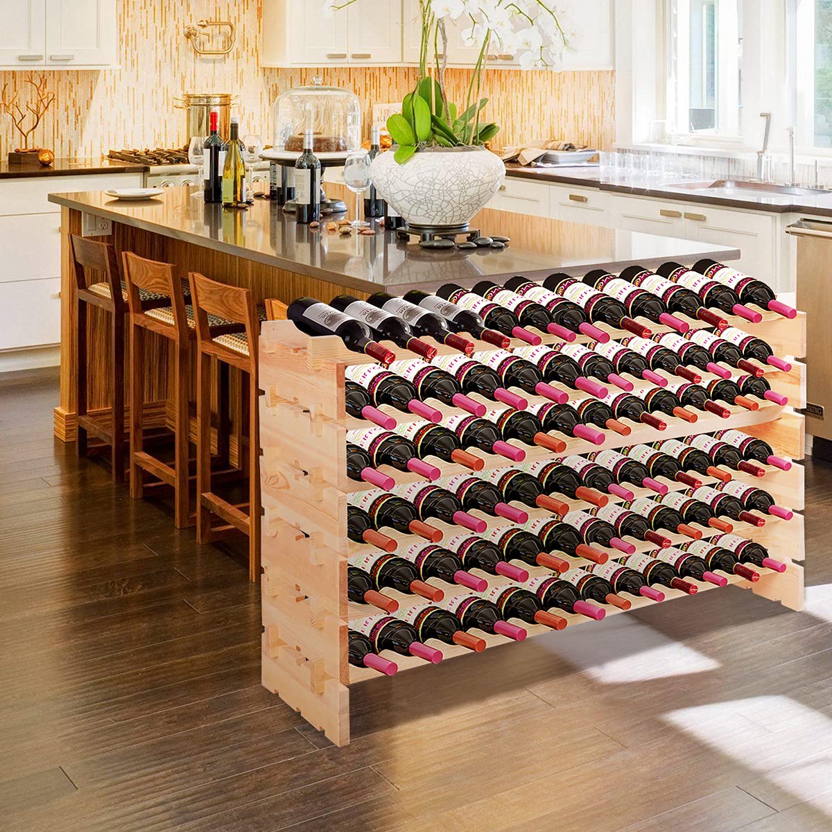 KOMFOTTEU Botellero de Madera para 72 Botellas, Estantería de Vino Apilable de 6 Niveles, Soporte para Botellas de Pie, Armario para Vino con Carga 90 kg, para Bar, Bodega, 119 x 29 x 71,5 cm