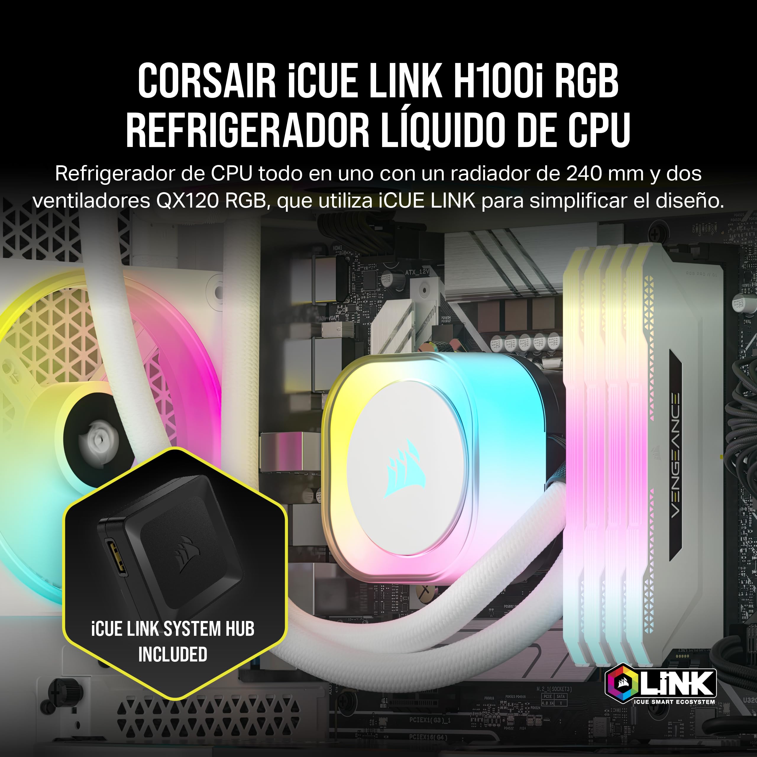 CORSAIR iCUE LINK H100i RGB Refrigerador Líquido Para CPU - 240mm AIO - Ventiladores QX120 RGB - Se Adapta a Intel® LGA 1700, AMD® AM5 - Concentrador de Sistema iCUE LINK Incluido - Blanco