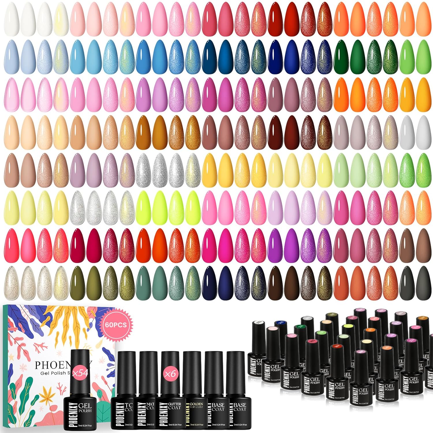 phoenixy 60 Pcs Gel Nail Polish Set, 54 Colors Gel Polish Milky White Burgundy Red Blue Yellow All Season 6 Pcs Base Top Coat DIY Beginners Gift Set for Women