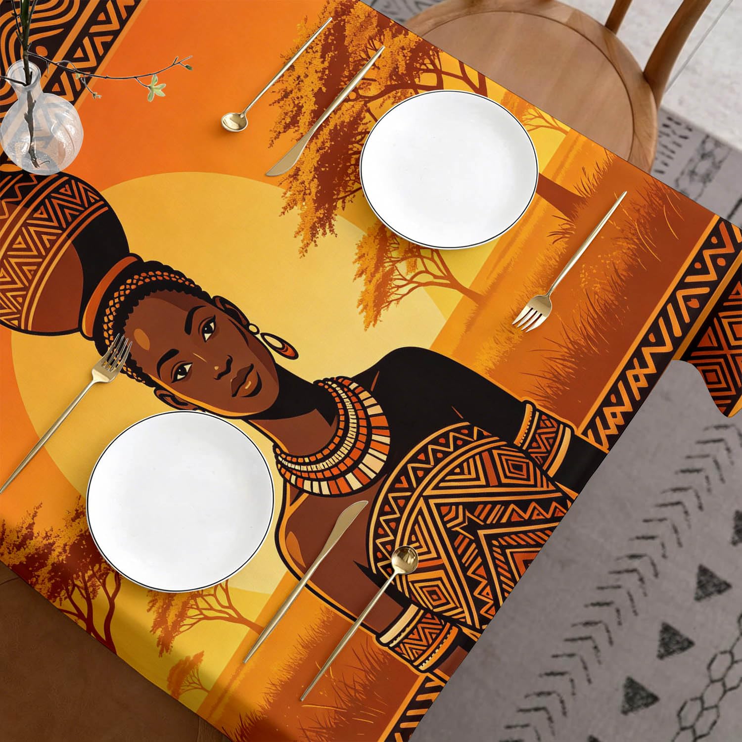 Tovaglia Donna Africana Tovaglia Antimacchia Rettangolare 140x300 cm, Tribù Africana Copritavolo in Poliestere Impermeabile Lavabile, Tovaglie per Cucina, Feste, Pranzo 723f