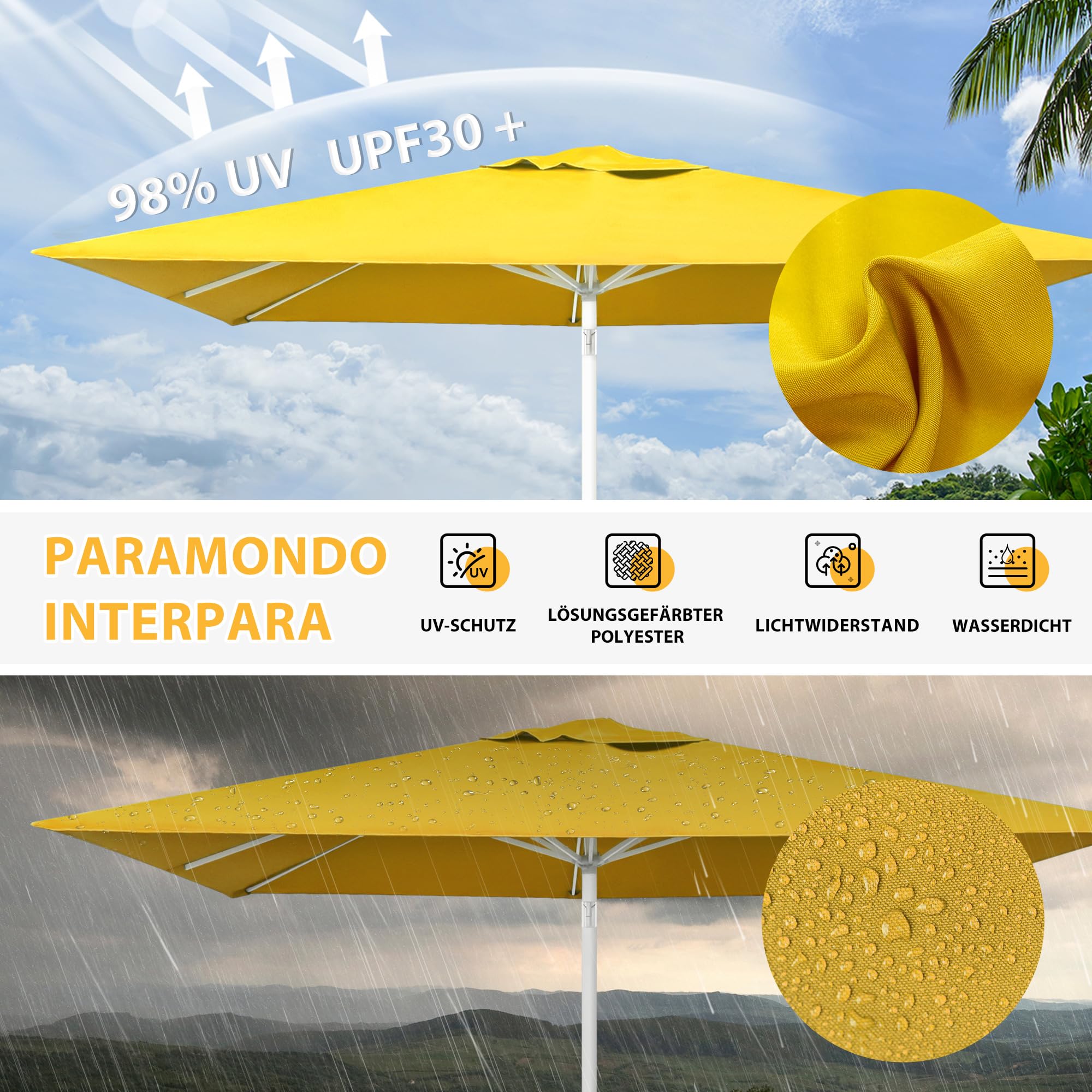 paramondo interpara Ombrellone da Giardino Inclinabile con Manovella, 3 x 3 m Quadrato Giallo, Telaio Bianco