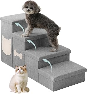 Dog Steps for High Bed, Foldable Dog Stairs with Storage, Grey | Non-Slip Pet Steps for Small/Medium/Large Dogs, Arthritis-Friendly Pet Stairs for Couch and Car, Holds Up to 200 lbs, 4-Step