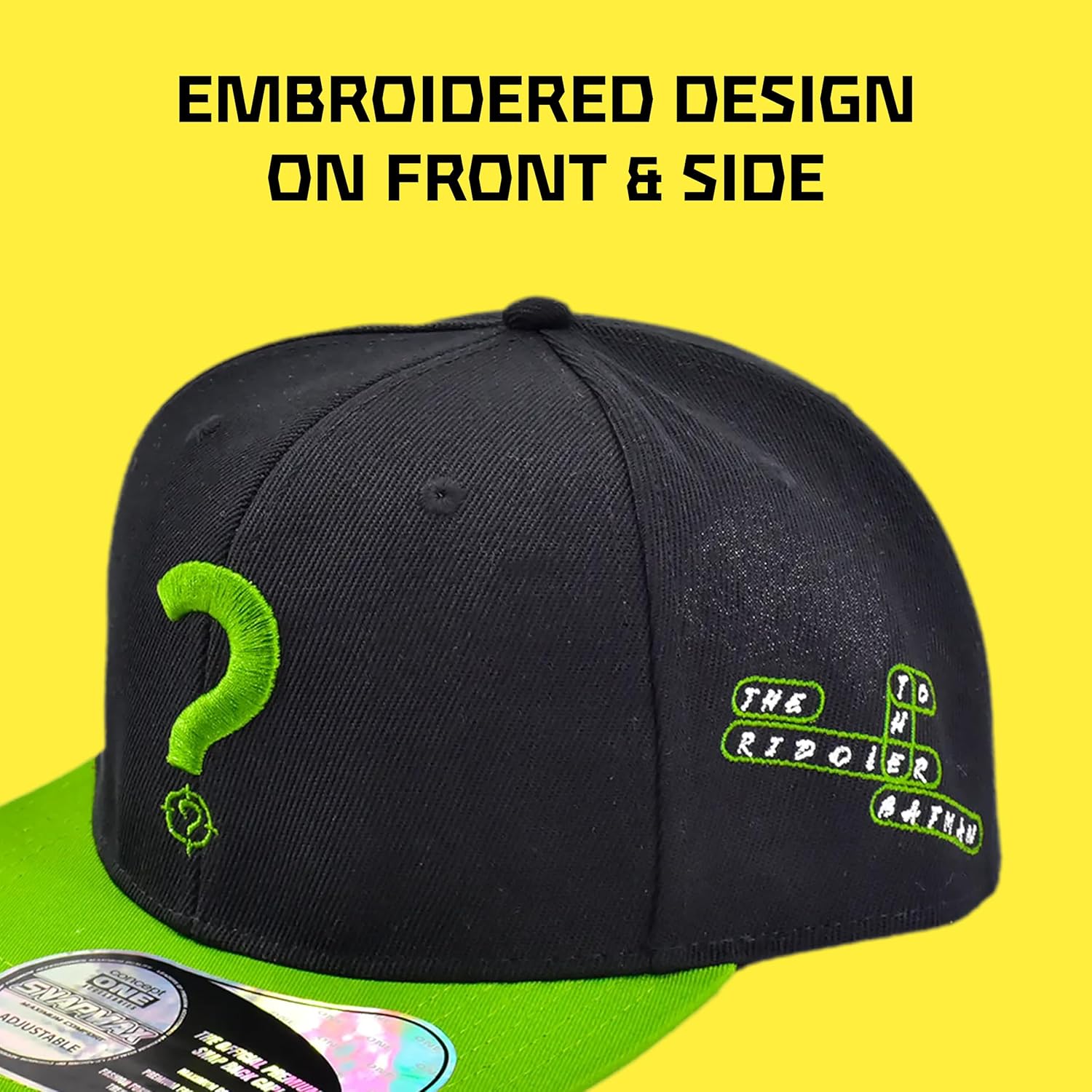 DC Comics Batman The Riddler Baseball Cap, Adult Cotton Adjustable Snapback Hat with Flat Brim for Men and Women, Black, One Size - Image 3