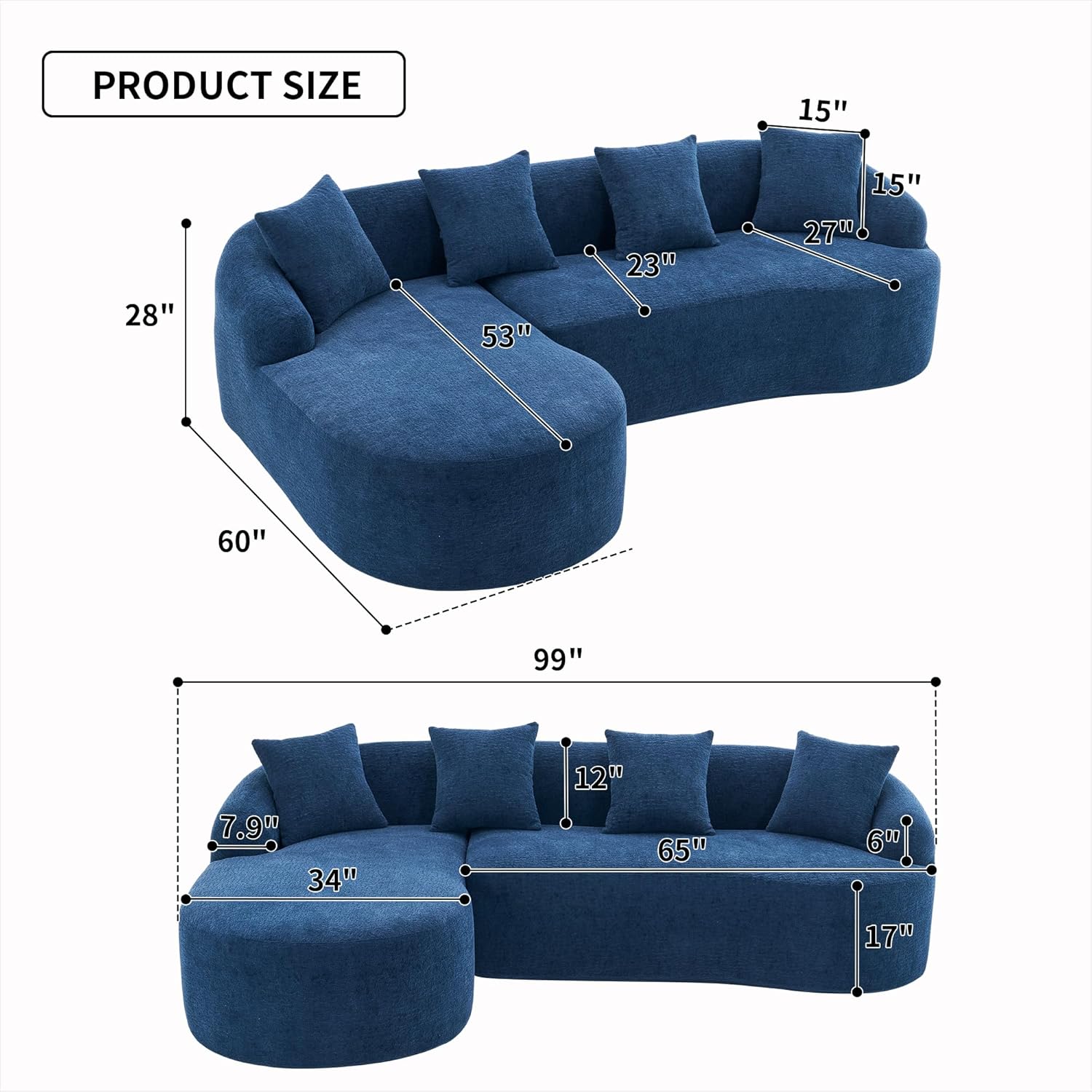 Beitix 98.8" L-Shaped Sectional Sofa with Chaise Lounge&Pillows, 3-Seater Modular Chenille Sleeper Couch, Oversized Plush Cloud Sofa, 30D High-Density Sponge Heavy Capacity Floor Bed, Blue