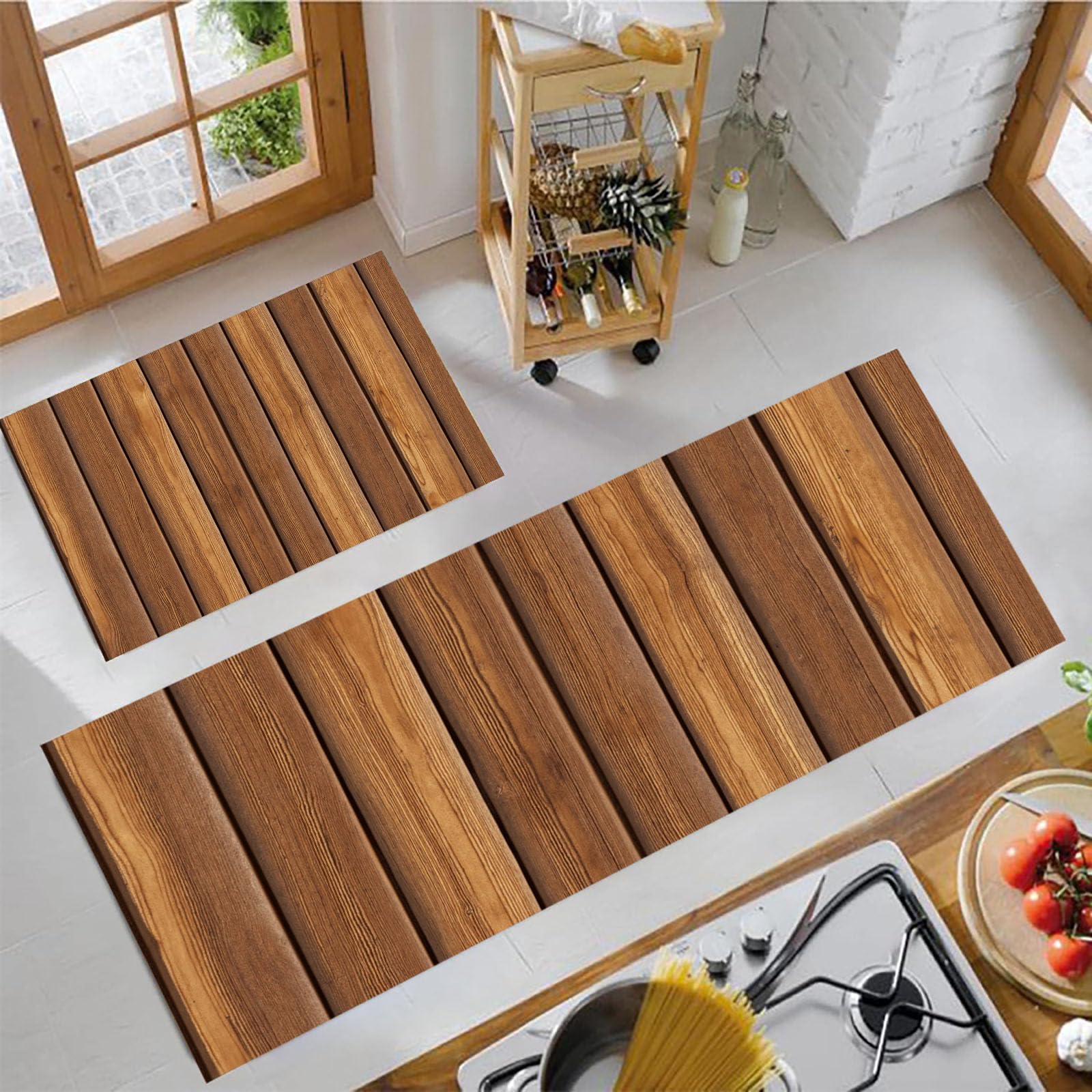 Tapis de cuisine anti-fatigue lavable lot de 2 paillasson vintage décoratif brun salle à manger