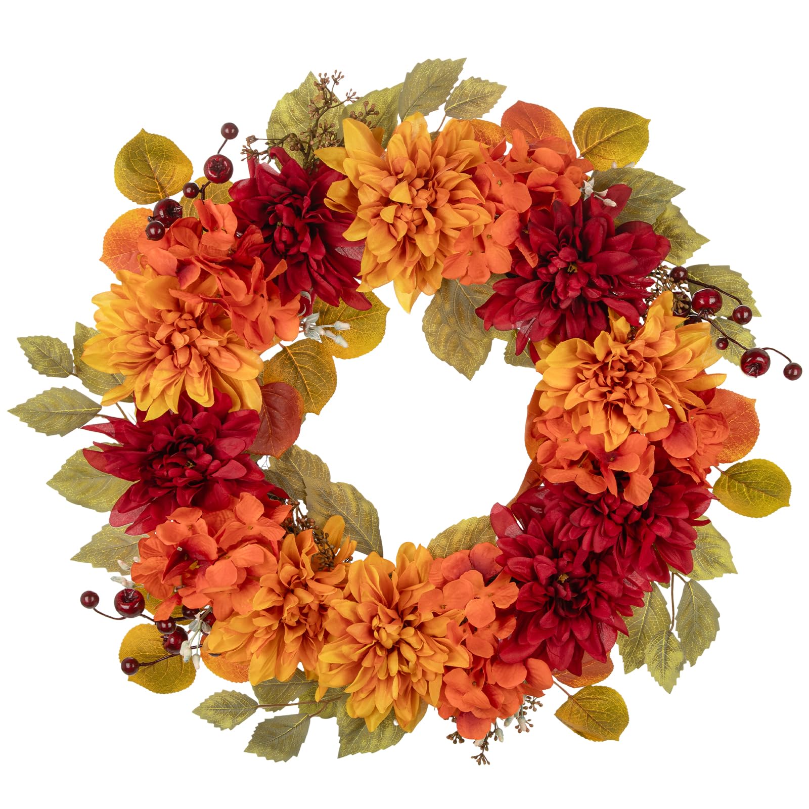 22" Artificial Autumn Wreath Silk Dahlias Hydrangeas Floral Door Wreath