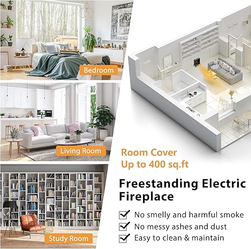 Miniatura 2 de GOFLAME Calentador de chimenea eléctrico independiente, estufa compacta de chimenea de 1400 W con efecto de llama realista y temperatura ajustable,
