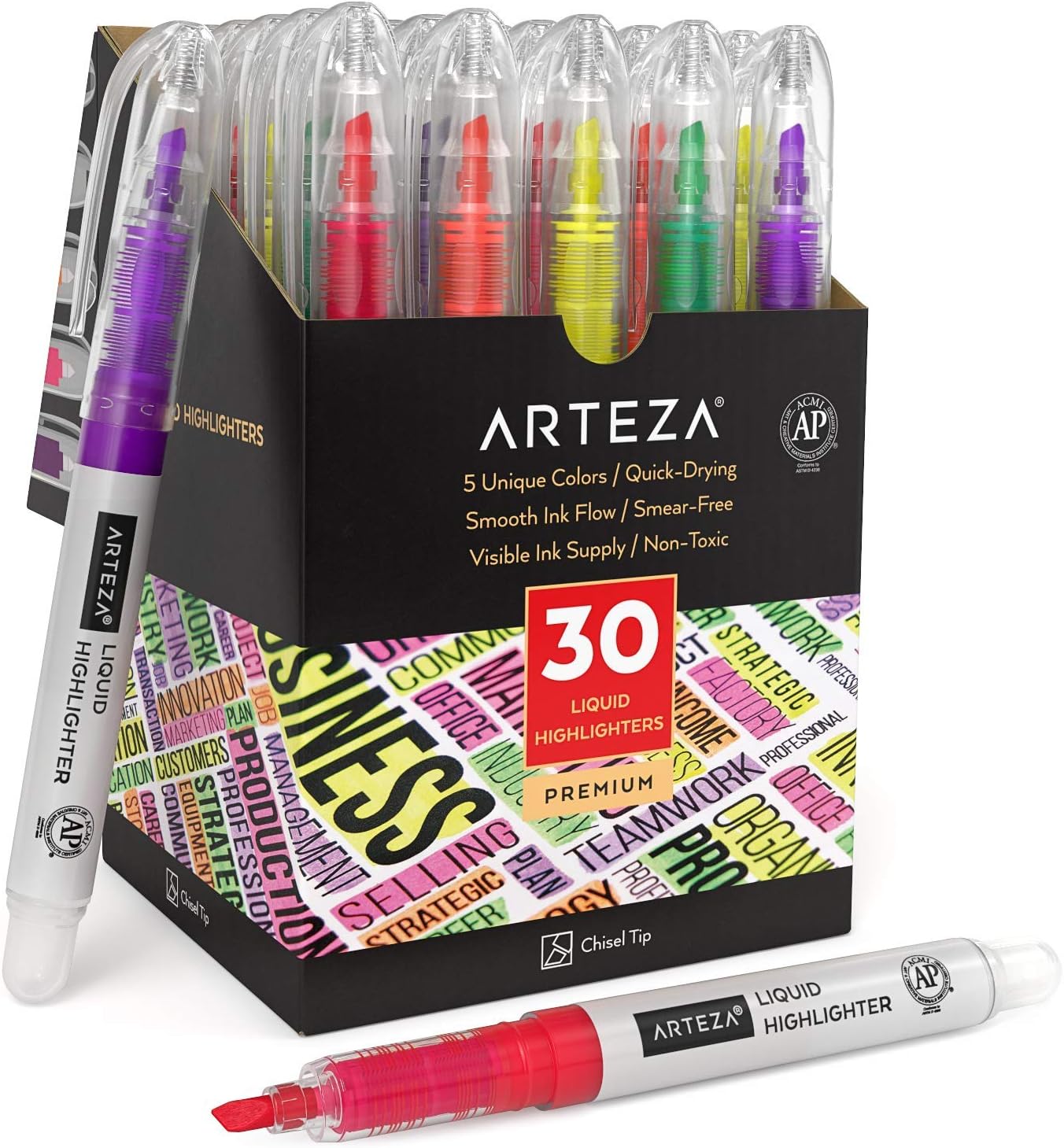 ARTEZA Liquid Highlighter Pens, Set of 30, Narrow Chisel Tip, 5 Assorted Colors