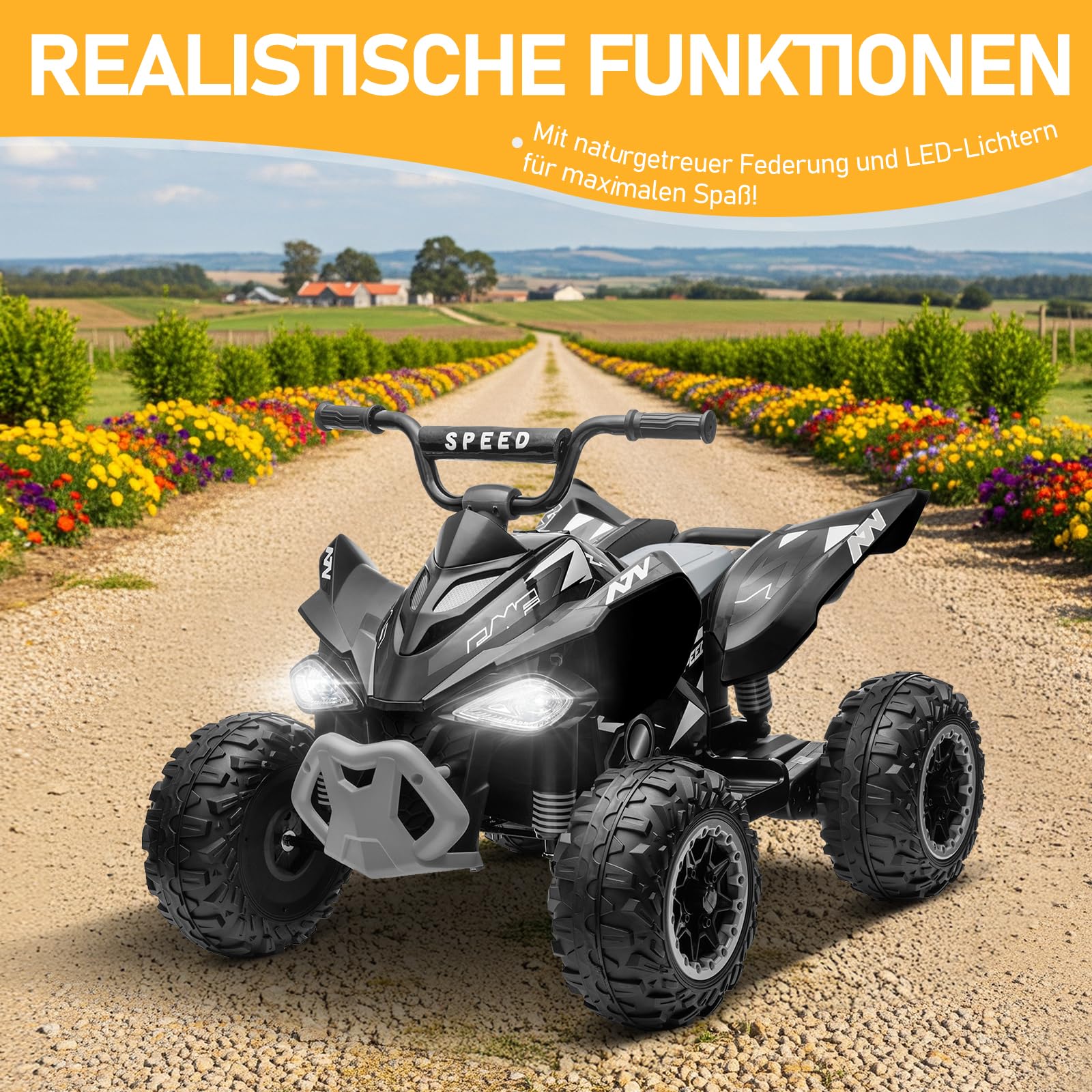LALAHO Kinder Quad Elektro 12V Kinderquad, Kinderfahrzeug mit LED-Scheinwerfern, Musik & Hupe, Elektroauto mit 4 rutschfeste Räder & langsamer Start, für Kinder 3–8 Jahre alt (Schwarz 1)