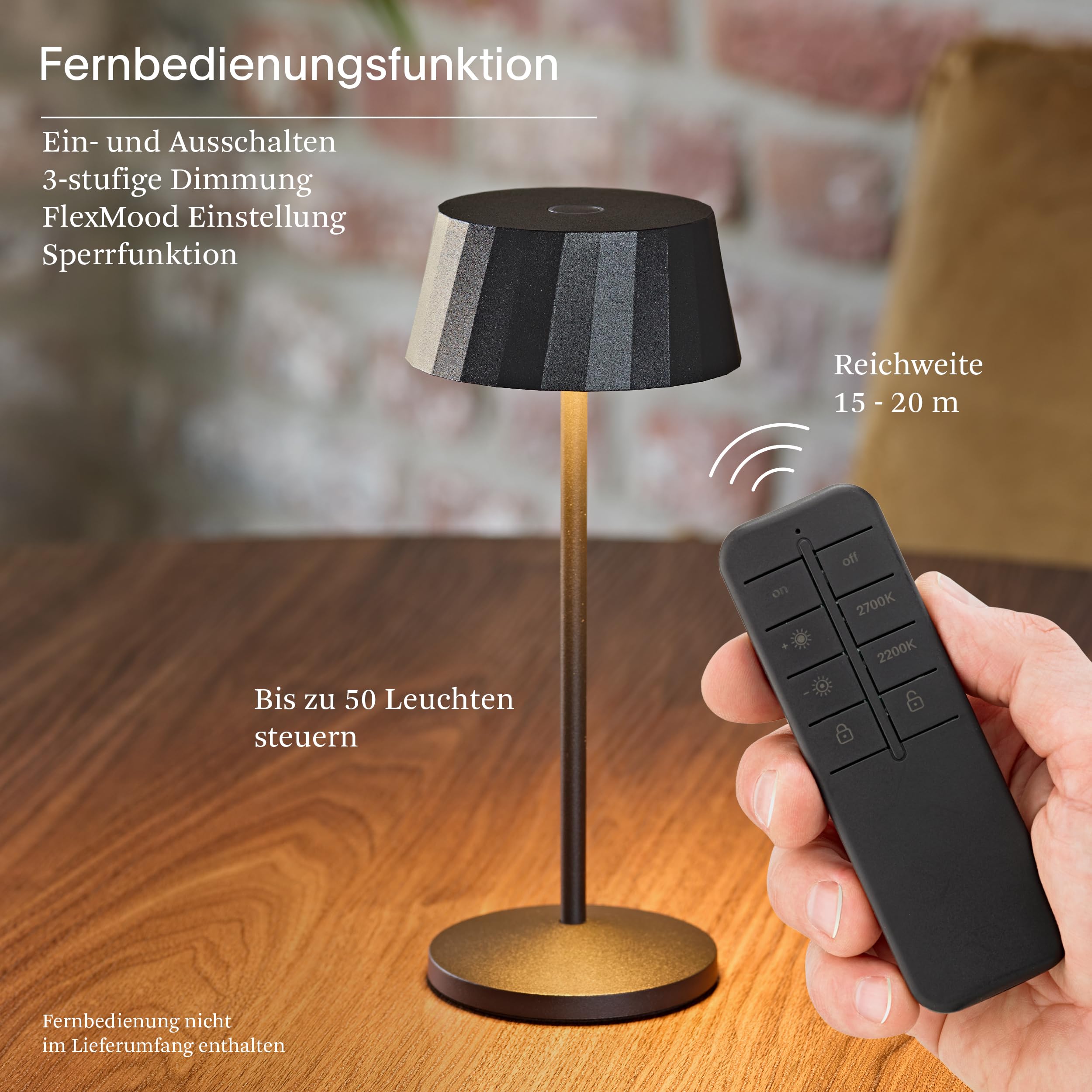 SIGOR Facetta Remote nachtschwarz - LED Akku-Tischlampe dimmbar & kabellos mit Fernbedienungsfunktion, FlexMood (2200K/2700K), bis 12h Leuchtdauer, USB-C Ladefunktion, IP44 Outdoor & Indoor