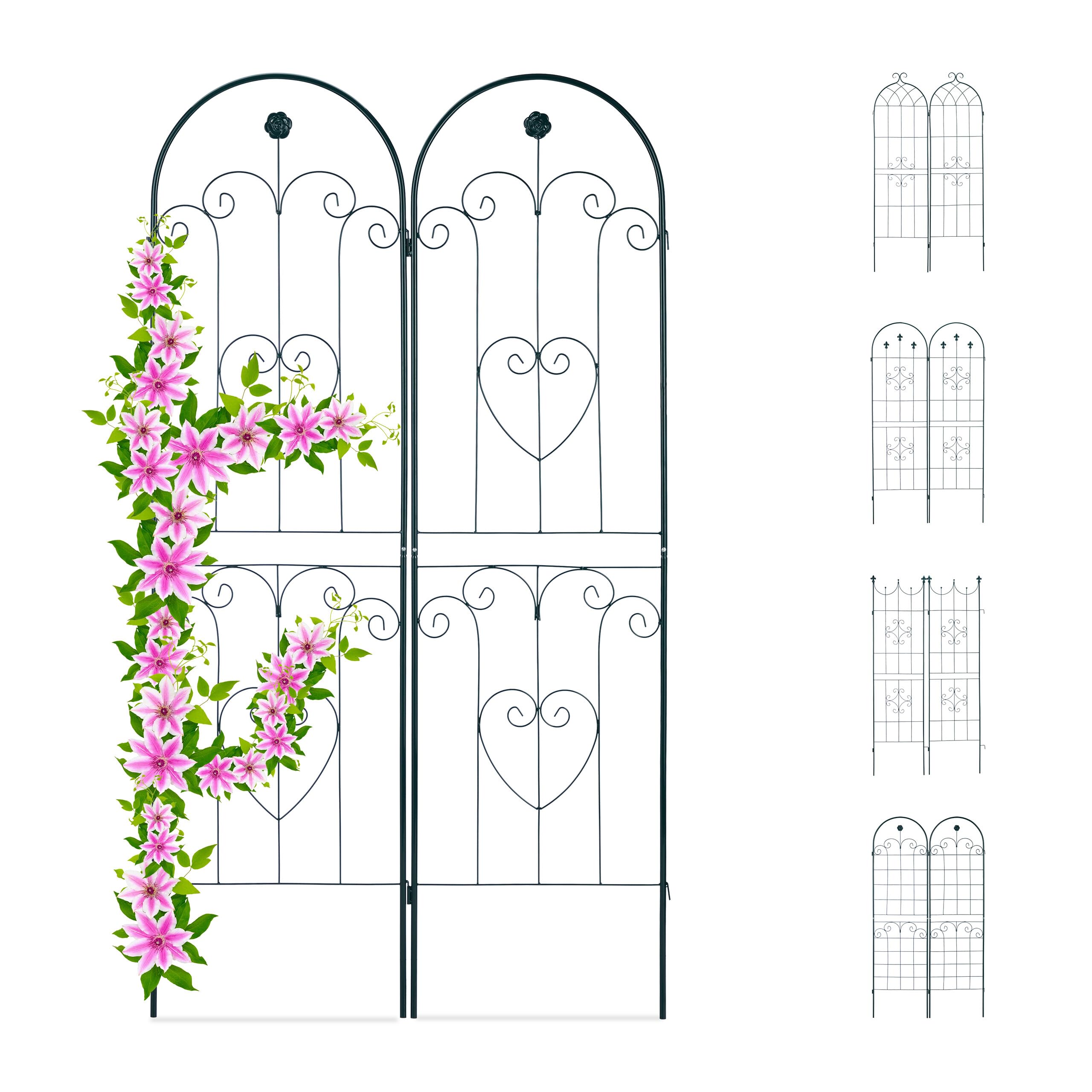Relaxdays Set 2 Grigliati per Rampicanti, in Metallo 180x50cm Design ad Archi Fiori e Cuori, ad Incastro, Verde Scuro