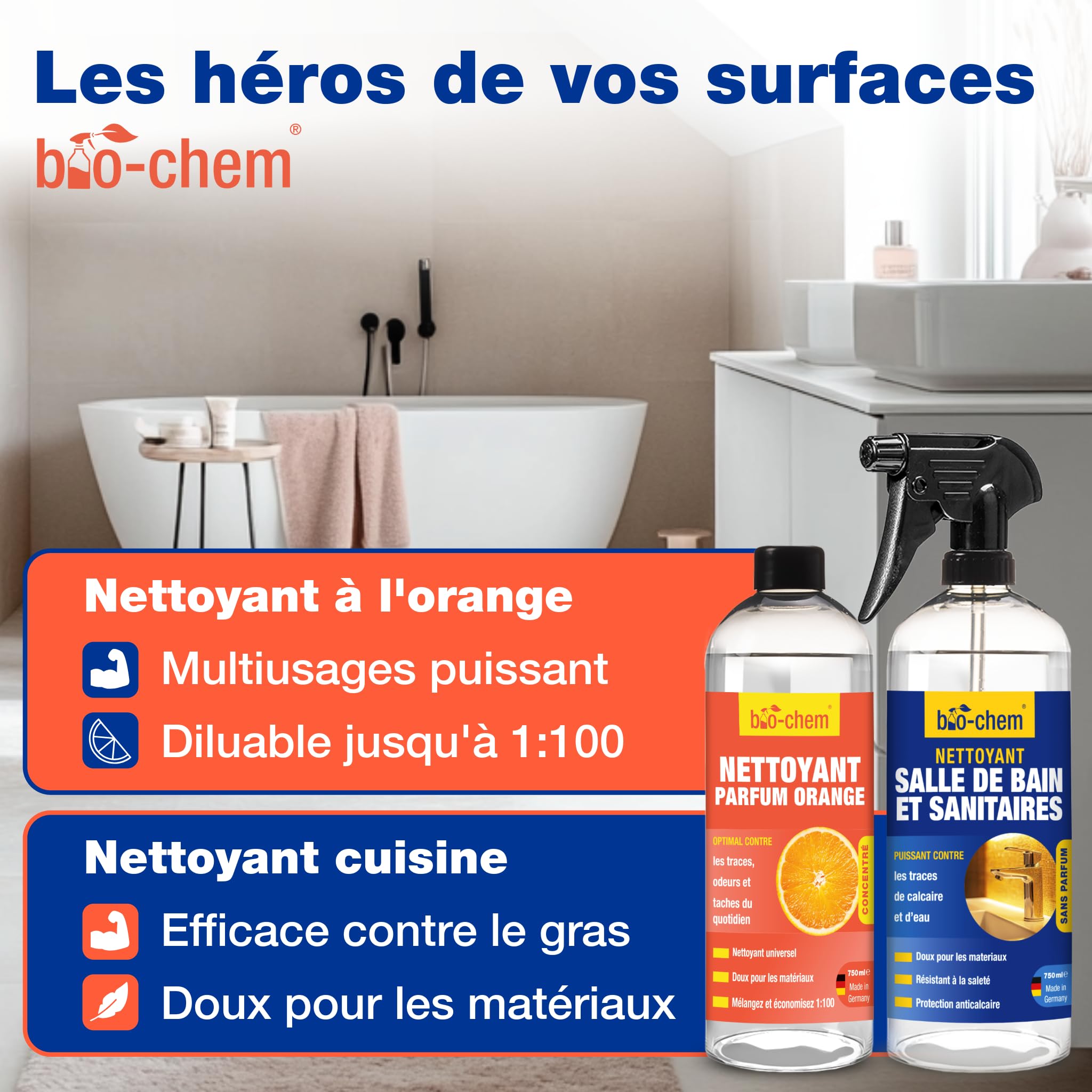 bio-chem Set de 9 nettoyants pour salle de bain, douches, WC | Déboucheur canalisation 1L - Décapant urine et calcaire 1L - Produit surfaces salle de bain 750ml + accessoires
