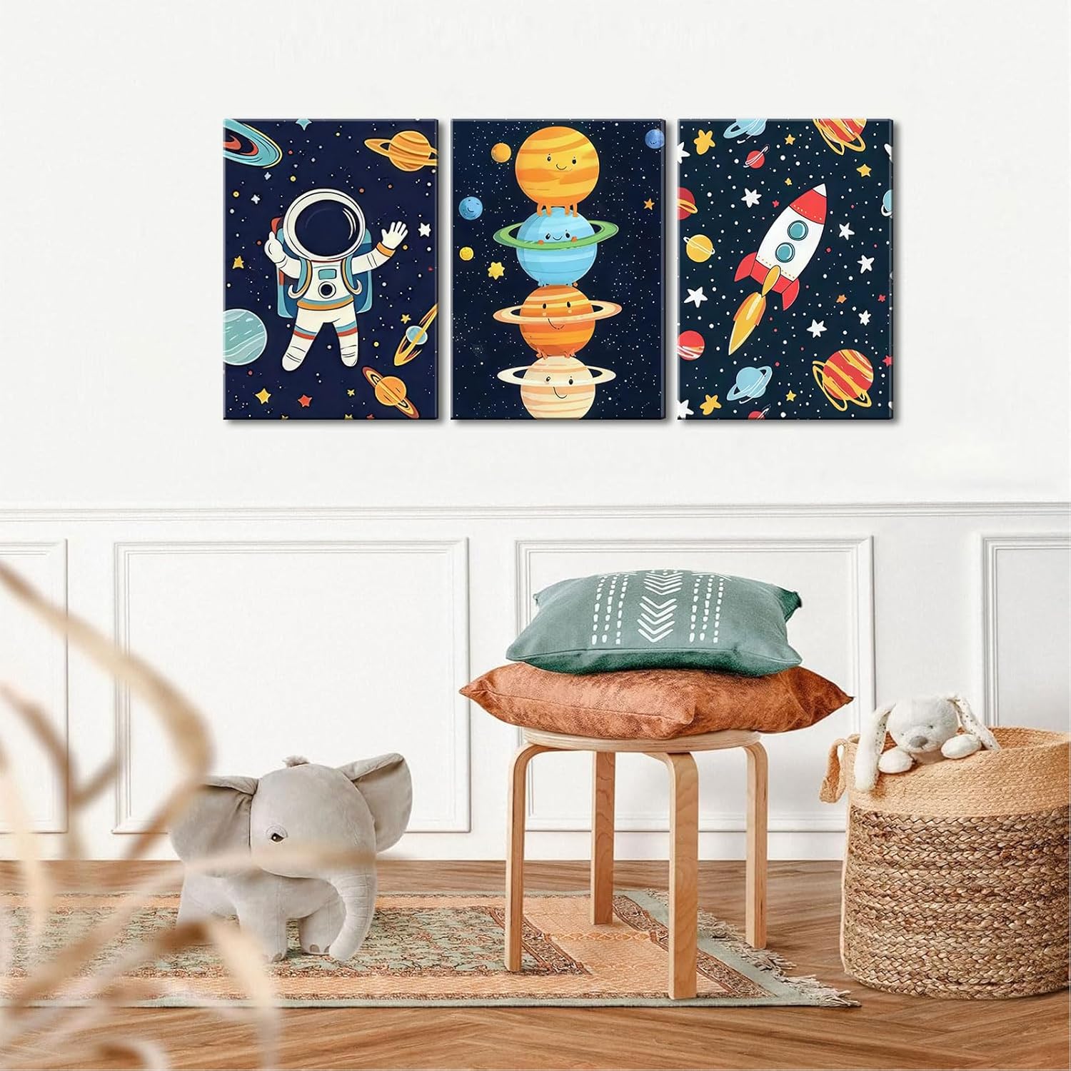 3Pcs Astronauts Nursery Canvas Wall Art Whimsical Outer Space Kid Decor Pictures Rocket Planet Posters Prints for Boys Room Girls Room Kids Room Decoration