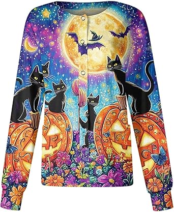 Printed Scrub Jackets for Woman Print Long Sleeve Plus Size Womens Scrubs for Women Nursing Jacket with Pockets