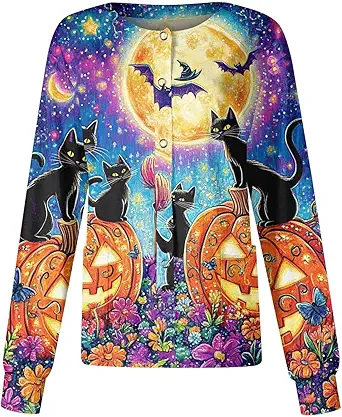 Printed Scrub Jackets for Woman Print Long Sleeve Plus Size Womens Scrubs for Women Nursing Jacket with Pockets