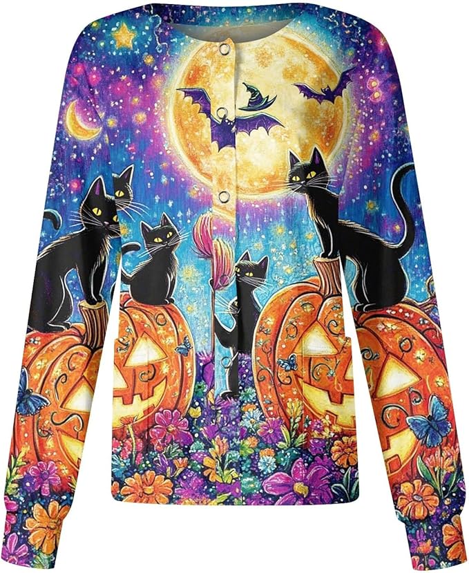 Printed Scrub Jackets for Woman Print Long Sleeve Plus Size Womens Scrubs for Women Nursing Jacket with Pockets