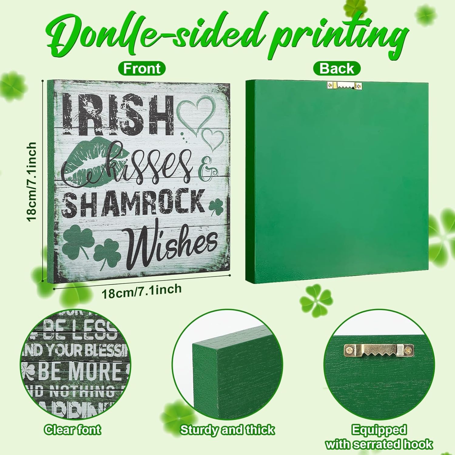 2 Pieces St Patrick's Day Decorations Shamrock Wood Blessing Box Signs Irish Table Decor Wood Block Plaque (7×7 inch, Green 2PCS) - Image 3