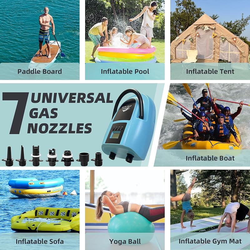 LUBAKED Elektromos SUP Pumpa 20 PSI - Kétfokozatú Automata Kompresszor LCD Kijelzővel, 12V-os, 7 Fúvókával Paddleboardhoz, Csónakhoz, Matrac