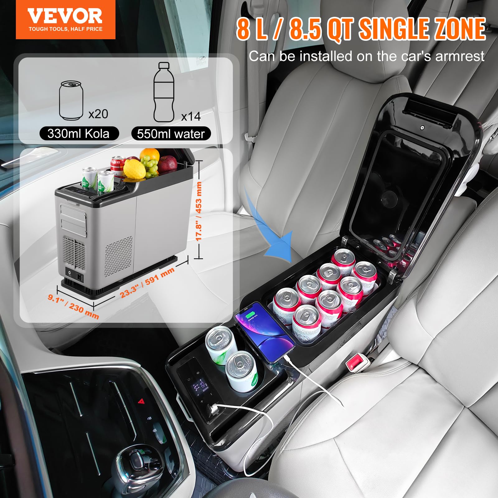 VEVOR Frigorifero per Auto, Frigorifero Bracciolo 12 V, Congelatore Zona Singola 15 L, Gamma Regolabile -20~20 ℃, Raffreddamento a Compressore 12/24 V CC e 100-240 V CA per Esterno, Campeggio