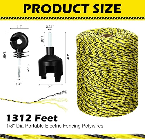 Miniatura 2 de Alambre de polietileno eléctrico de 1312 pies, 1,312.3 ft, alambre de polietileno eléctrico portátil con 100 piezas aislador eléctrico de valla