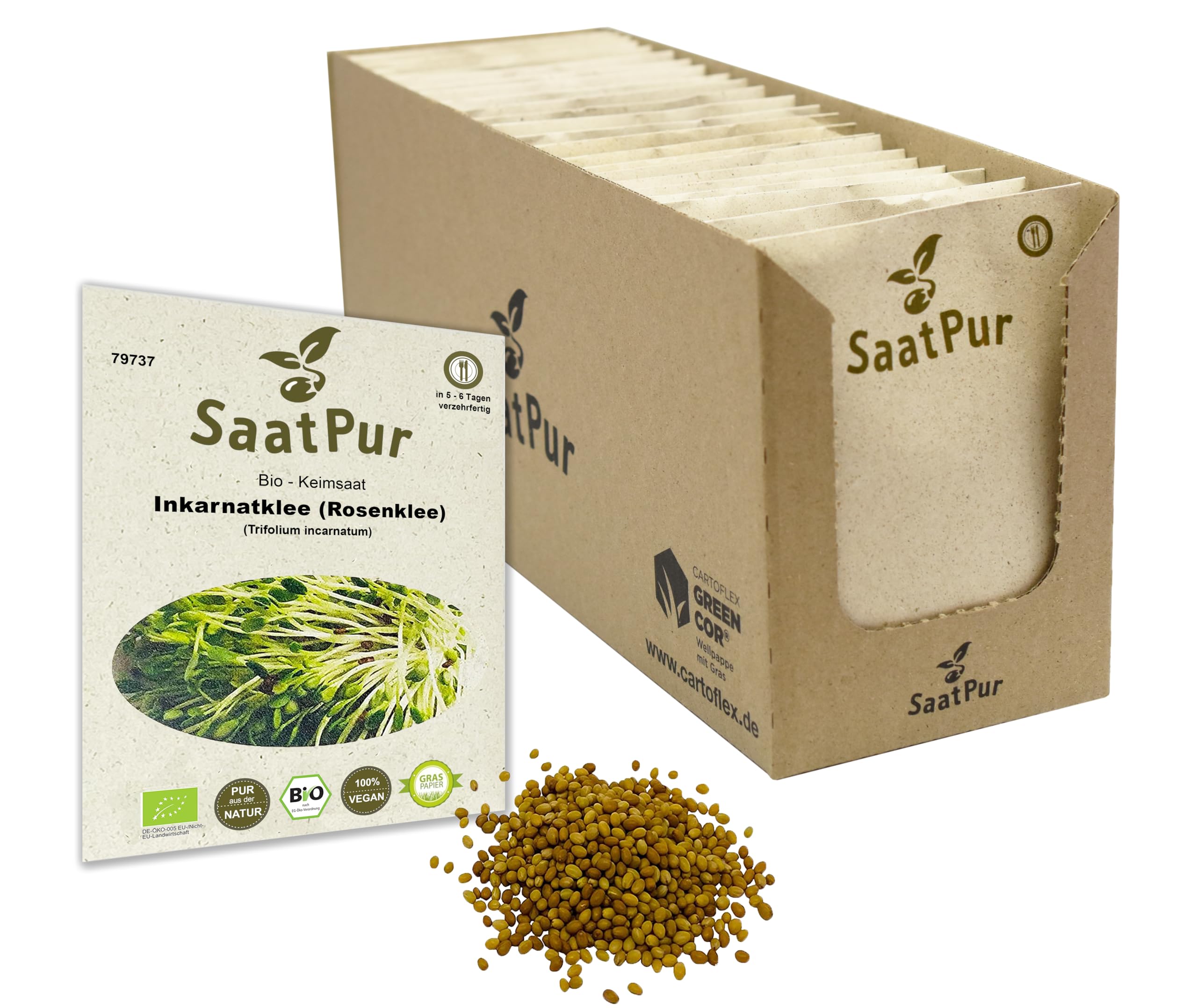Inkarnatklee Rosenklee BIO Keimsprossen von SaatPur - Sprossen Keimsaat, Microgreen - Großes Tray mit 60 Portionstüten je 30g