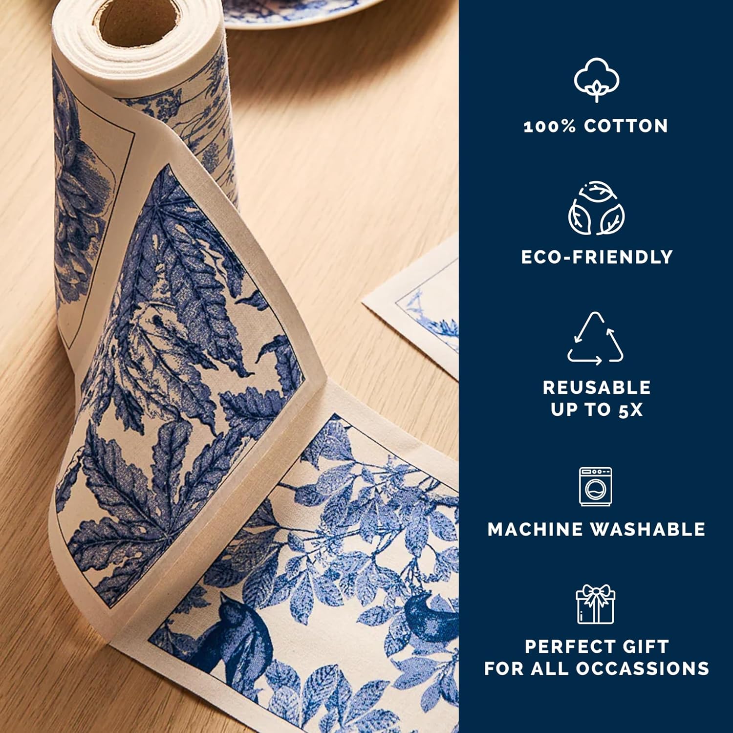 Caskata Botanicals Cocktail Napkin Roll of 50 | 100% Cotton Quick Dry Reusable | Perfect for Home, Dining, Birthday, Gifts | Blue and White, 4.5W X 4.5L