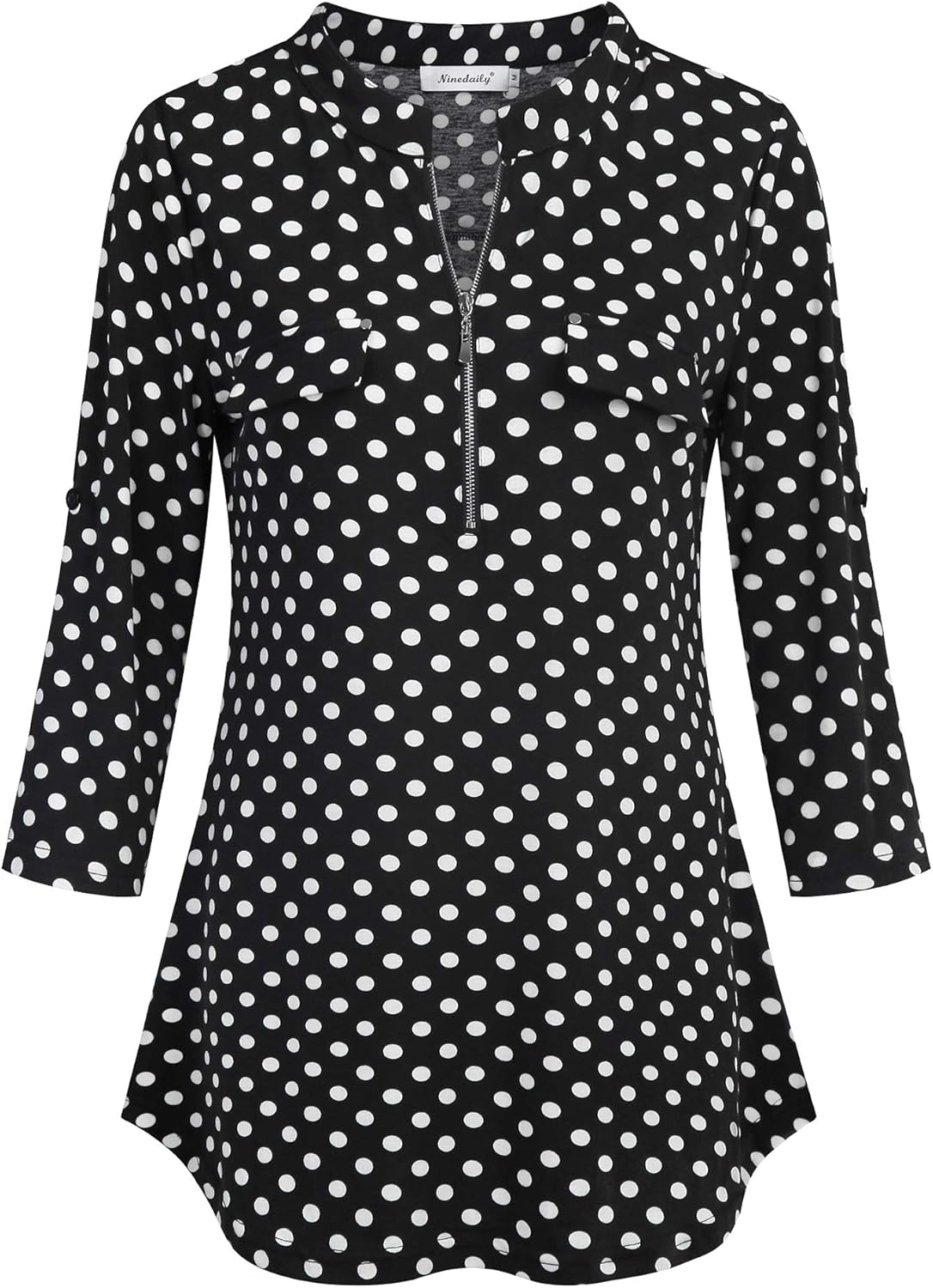 Ninedaily Women's 3/4 Sleeve Plaid Shirts Zip Floral Casual Tunic Blouse Tops - Image 2